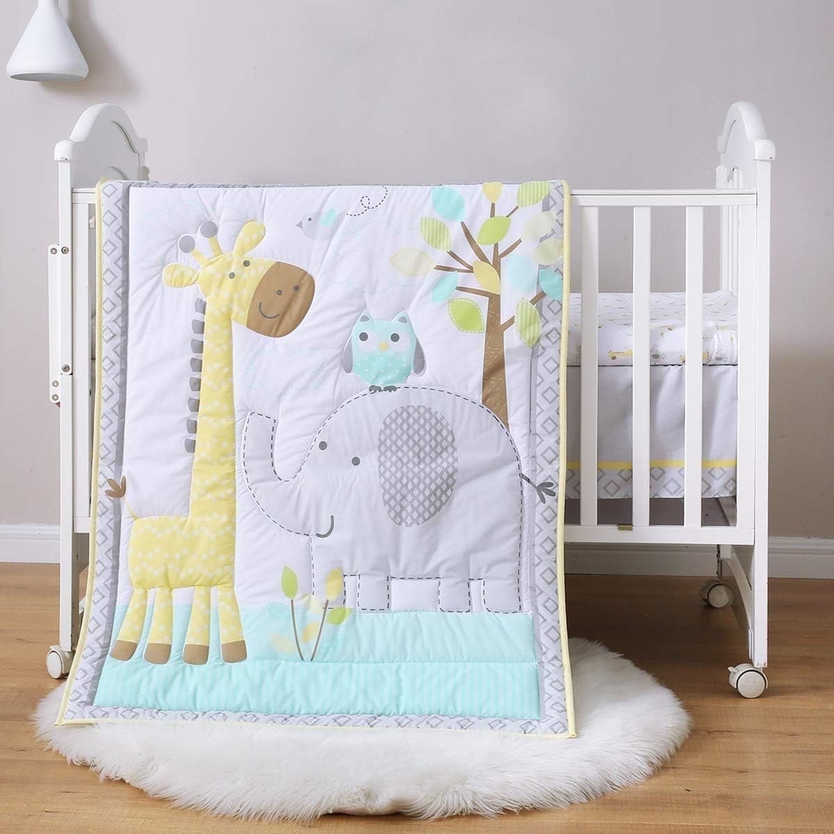 Sweet Baba Crib Bedding Set for boy Girl, 3-Piece Organic Cotton Baby Bedding Set, Portable Standard Crib Bedding Set Neutral, Woodland Deer Elephant Crib Bedding Set, Yellow/Grey/Teal