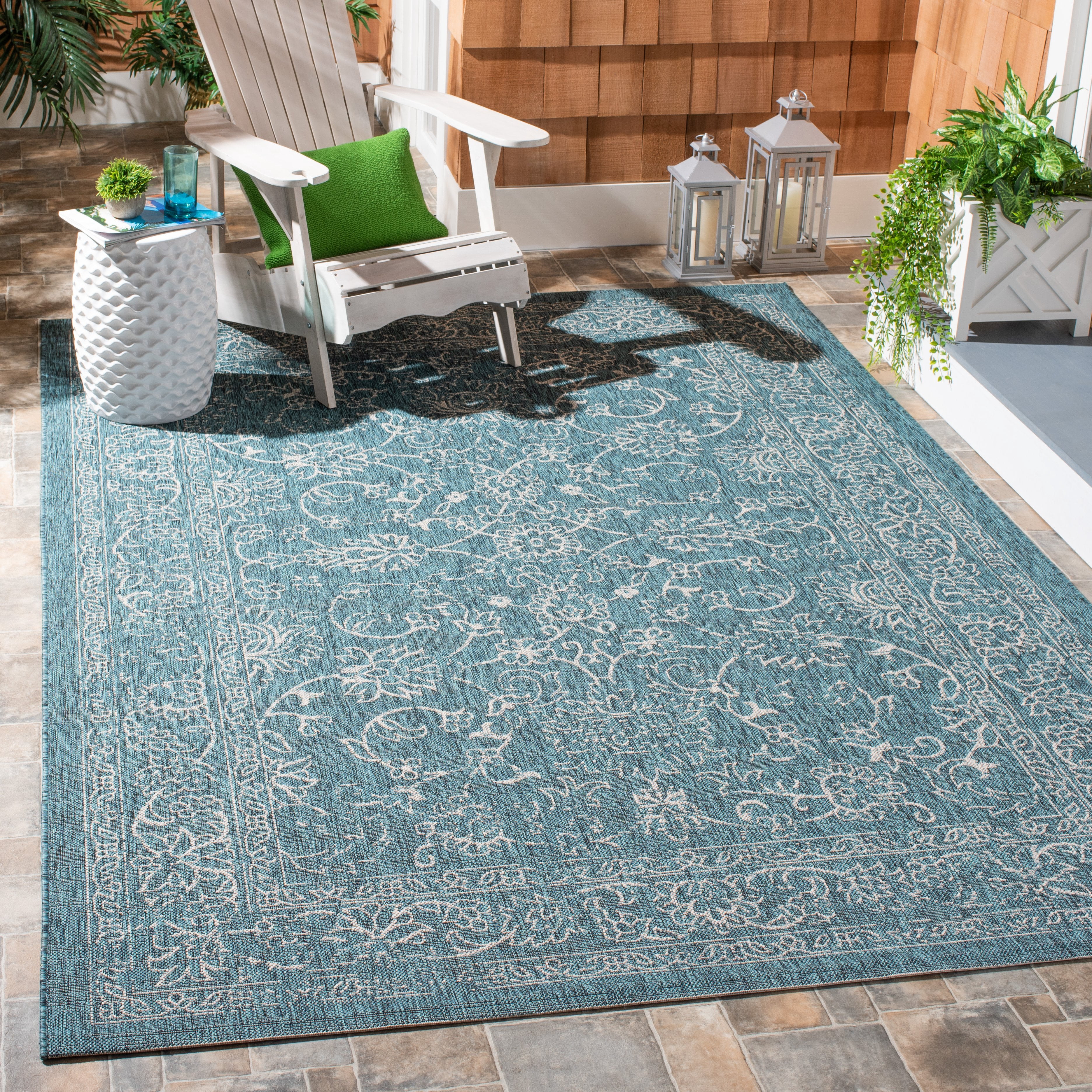 SAFAVIEH Courtyard Darin Botanical Indoor/Outdoor Area Rug, Turquoise, 6'7" x 9'6"