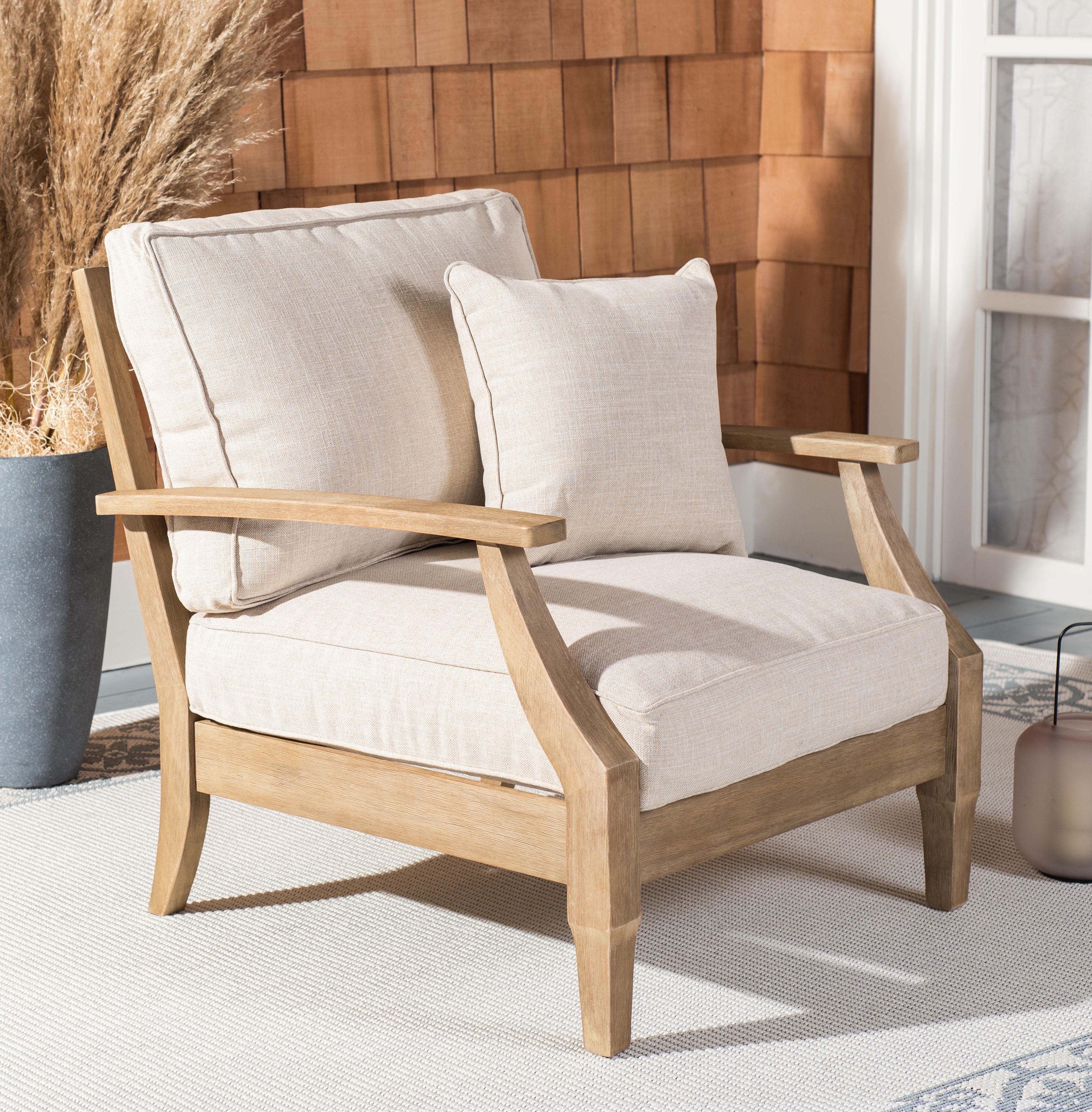 Ssafavieh Martinique Coastal Eucalyptus Wood Solid Print Armchair, Natural / Beige