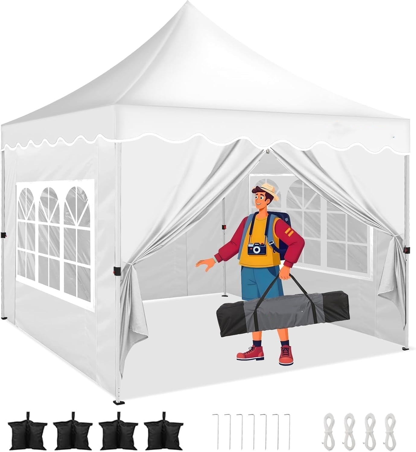 SANOPY 10' x 10' Pop up Canopy Party Tent with 4 Removable Sidewalls, Wave Eave Outdoor Waterproof Patio Gazebo Tent with Carry Bag, Backyards Camping Picnics, White