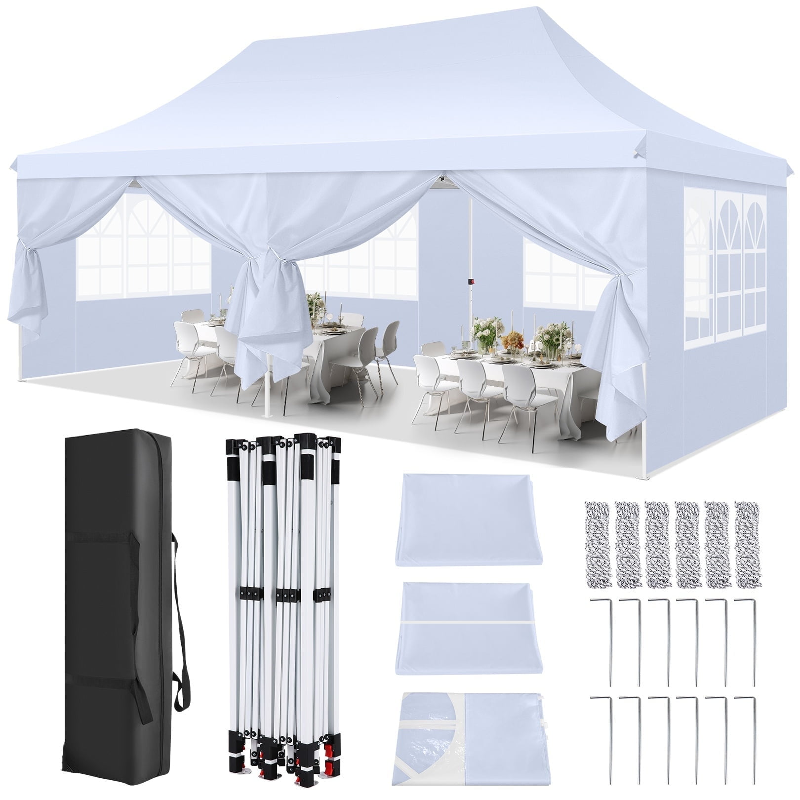 SANOPY 10' x 20' EZ Pop up Canopy Party Tent, Outdoor Event Instant Gazebo with 6 Removable Sidewalls for Camping Wedding Picnic, White