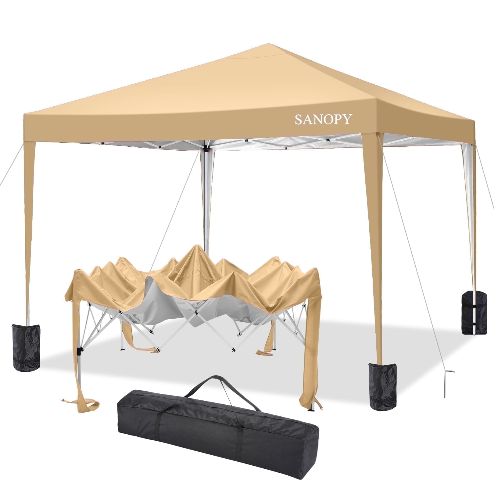 SANOPY 10'x10' EZ Pop Up Canopy Tent Outdoor Party Instant Shelter Portable Folding Beach Canopy with 4 Sandbag & Carrying Bag, Khaki