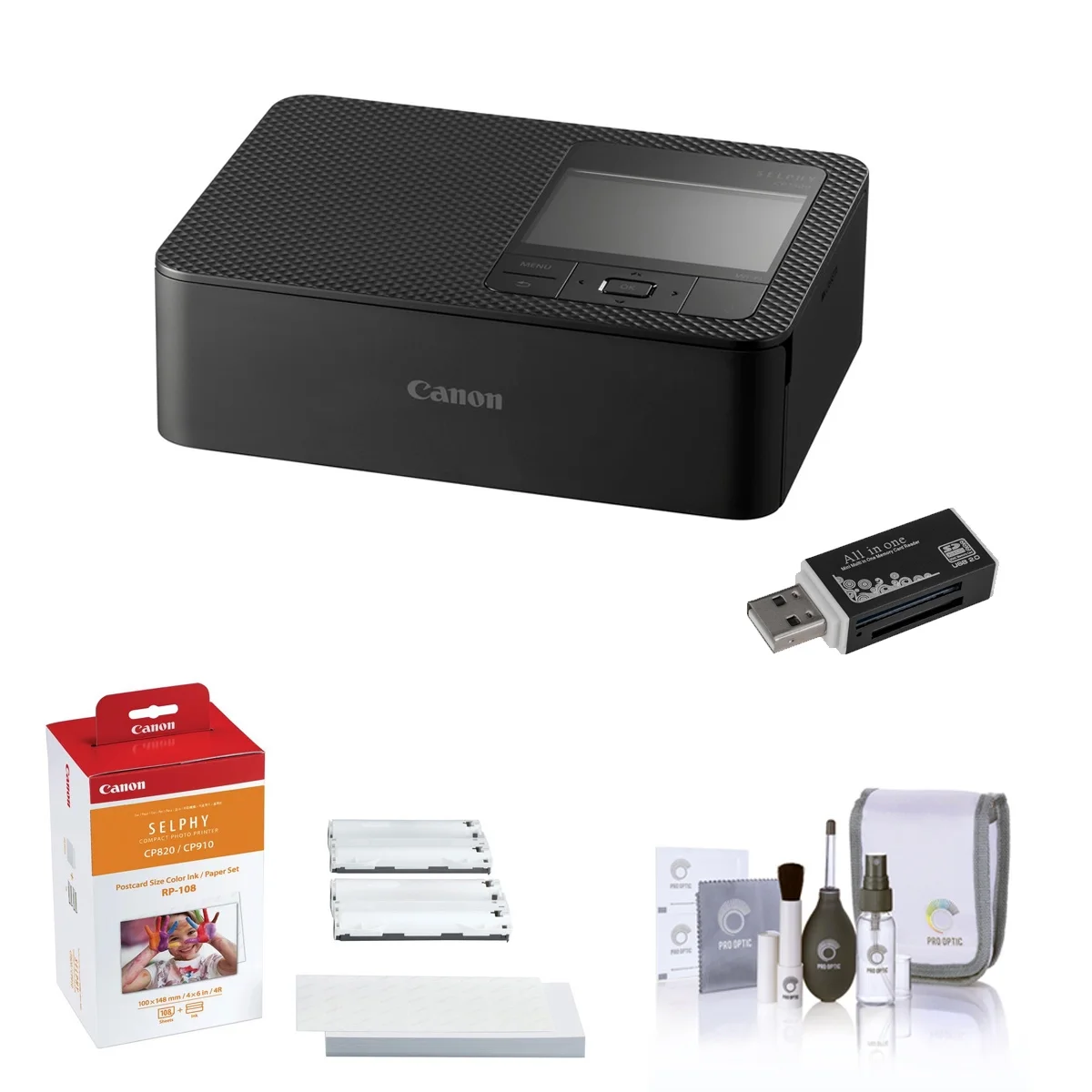 SELPHY CP1500 Wireless Compact Photo Printer, Black Bundle with RP-108 High-Capacity Color Ink/Paper Set, USB 2.0 Multi Card Reader, Cleaning Kit