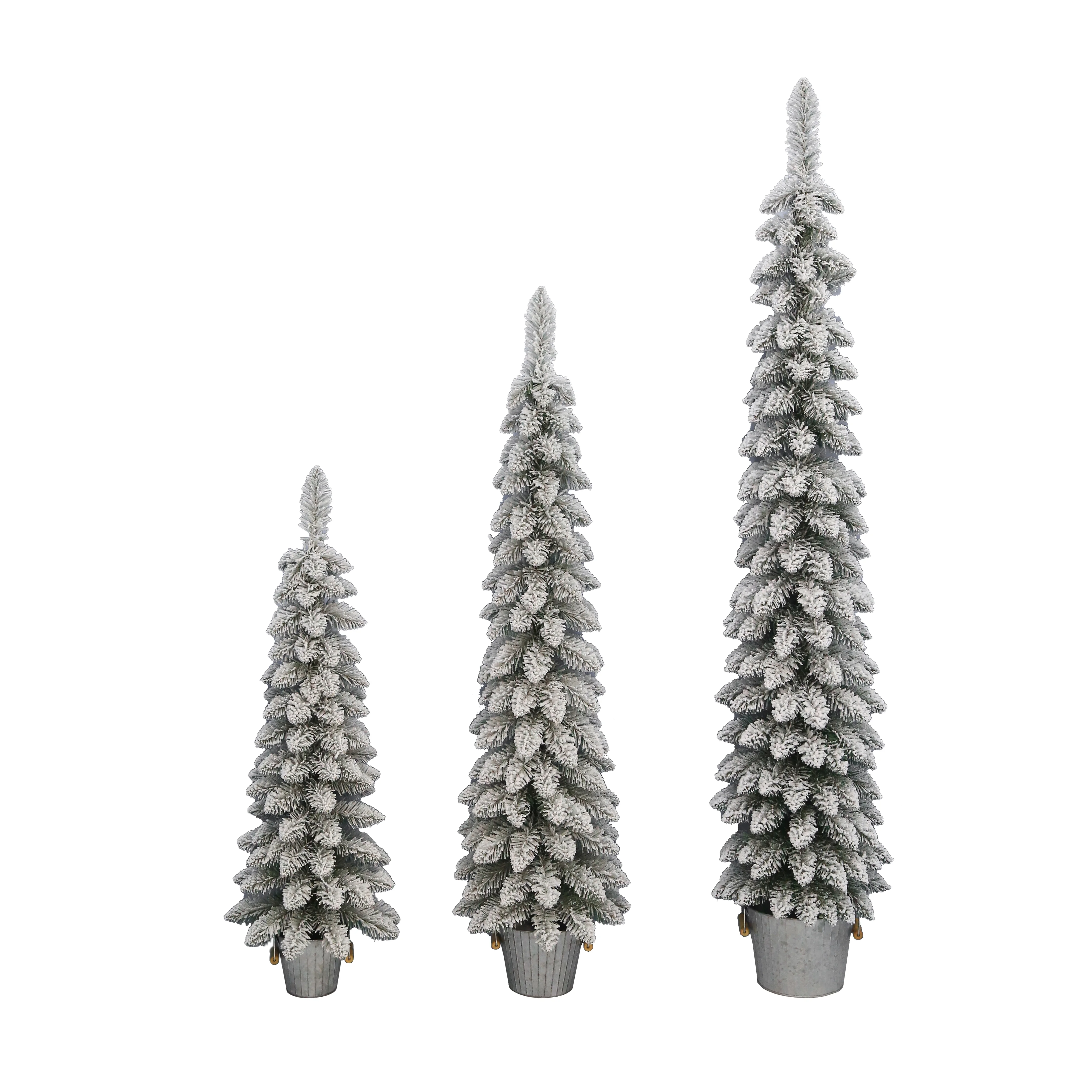 Set of 3 Flocked Pine Trees in Galvanized Buckets, Assorted Sizes, by Holiday Time