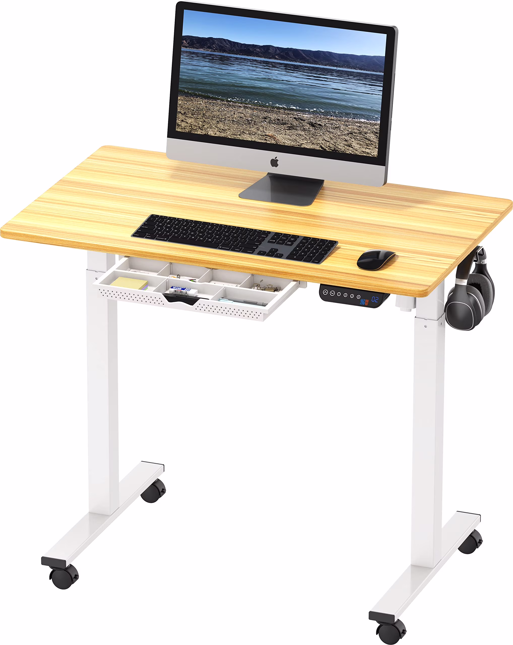 SHW 40-Inch Electric Height Adjustable Mobile Sit Stand Desk with Drawer, Hanging Hooks and Cable Management, Oak