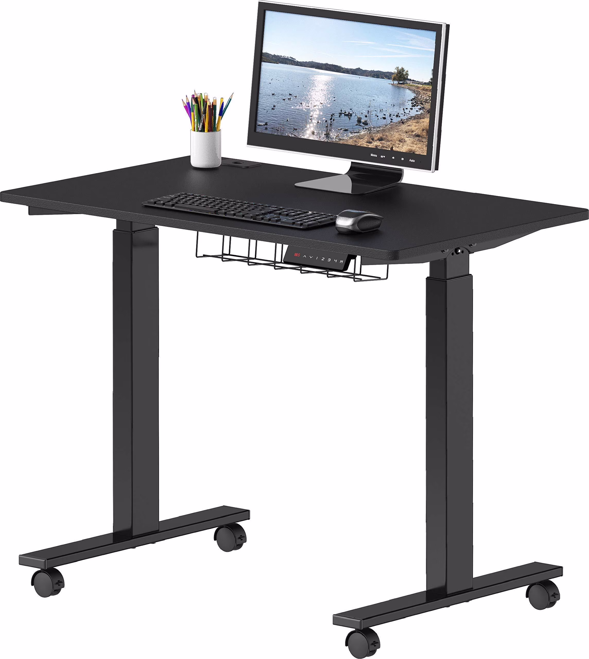 SHW Adjustable Computer L-Shaped Desk with Drawer and Cable Management, Black