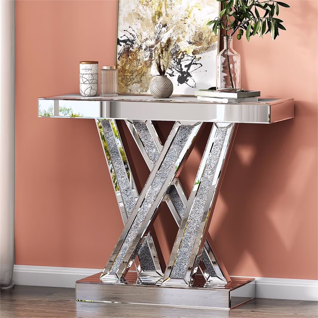 SHYFOY Mirrored Glass Console Table Glam Silver Entryway Table with Diamond for Living Room