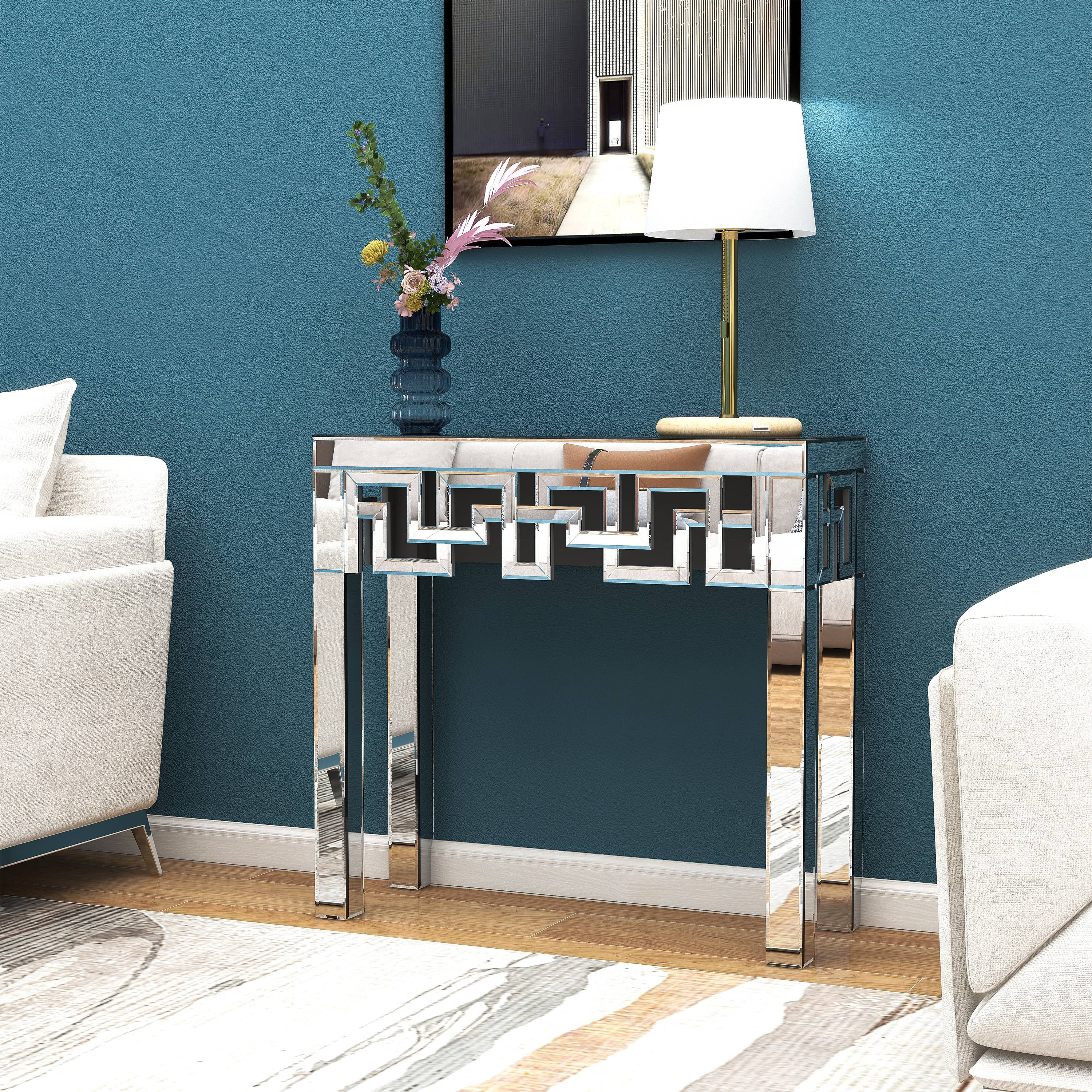 SHYFOY Modern Grecian Venetian Mirrored Console Table Glass Sofa Table Silver Entryway Table for Living Room