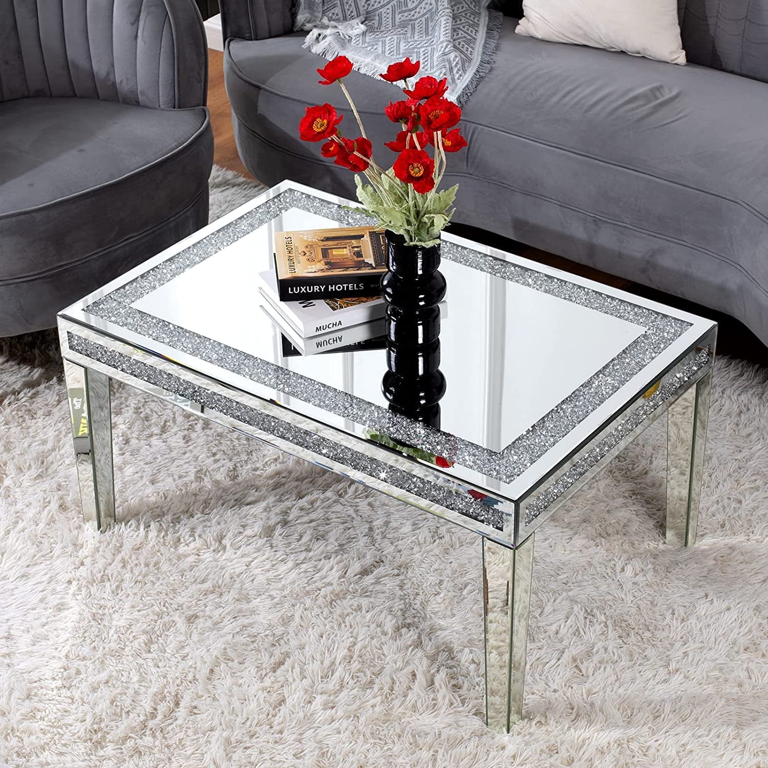 SHYFOY Silver Mirror Coffee Table Contemporary Rectangle Living Room Single Table