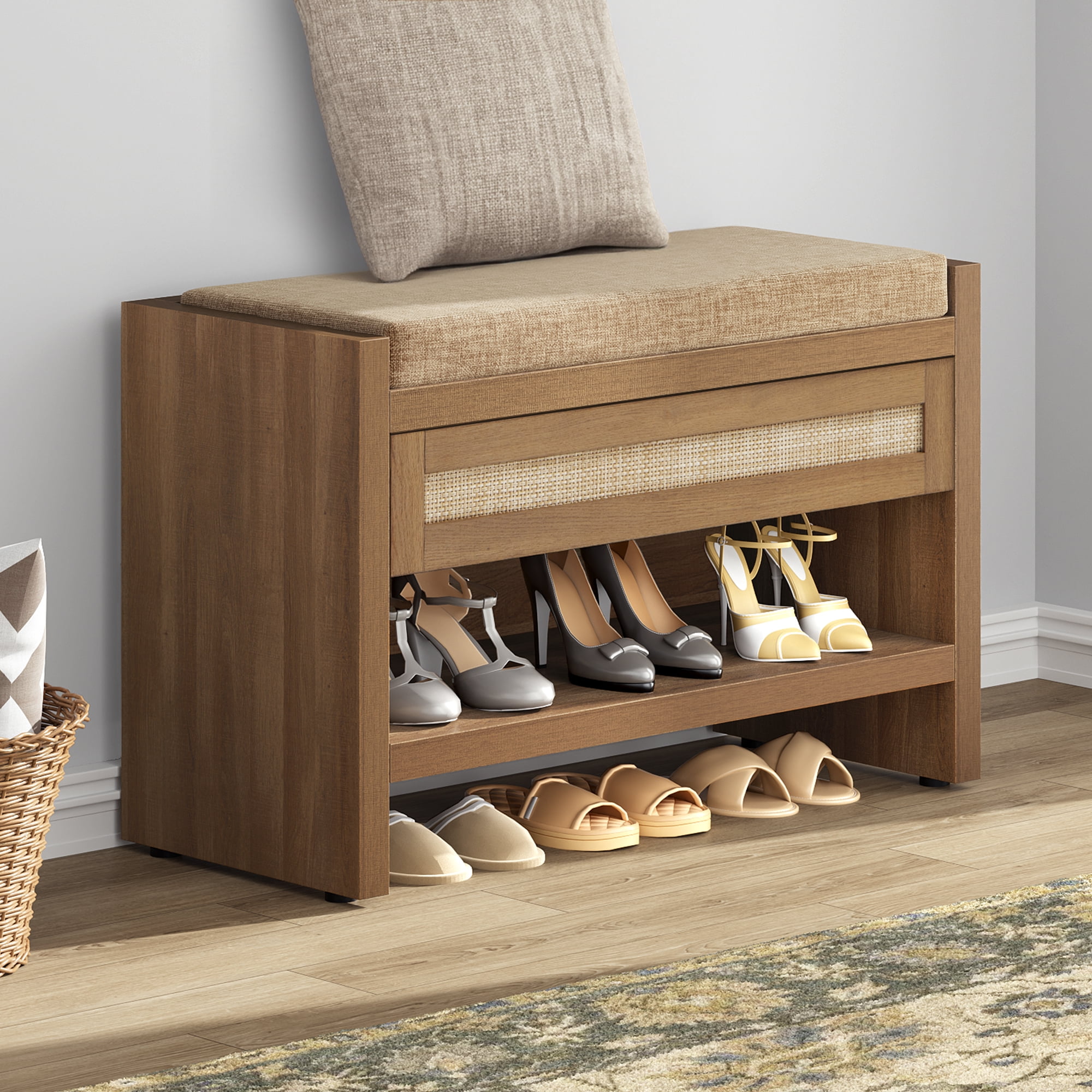 SICOTAS Rattan Shoe Storage Bench with Cushion & Drawer, Boho Bench, 38 Lb Limit