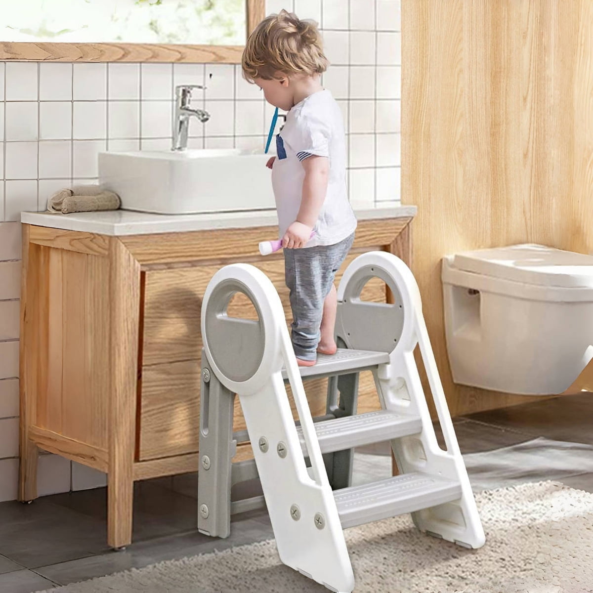 Toddler Step Stool,CAVEEN Foldable Stool for Kids ,Step Helper Adjustable 3 to 2 Stool for Kitchen,Gray