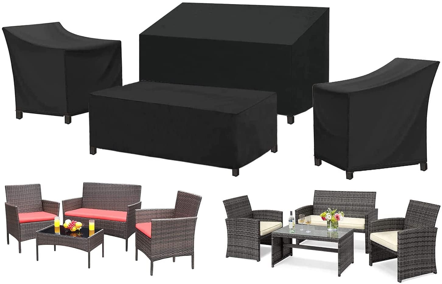 SIRUITON Patio Furniture Cover Set for Winter, 4 Piece Outdoor Furniture Cover Waterproof, Upgraded Durable and Tear Resistance Fabric Black