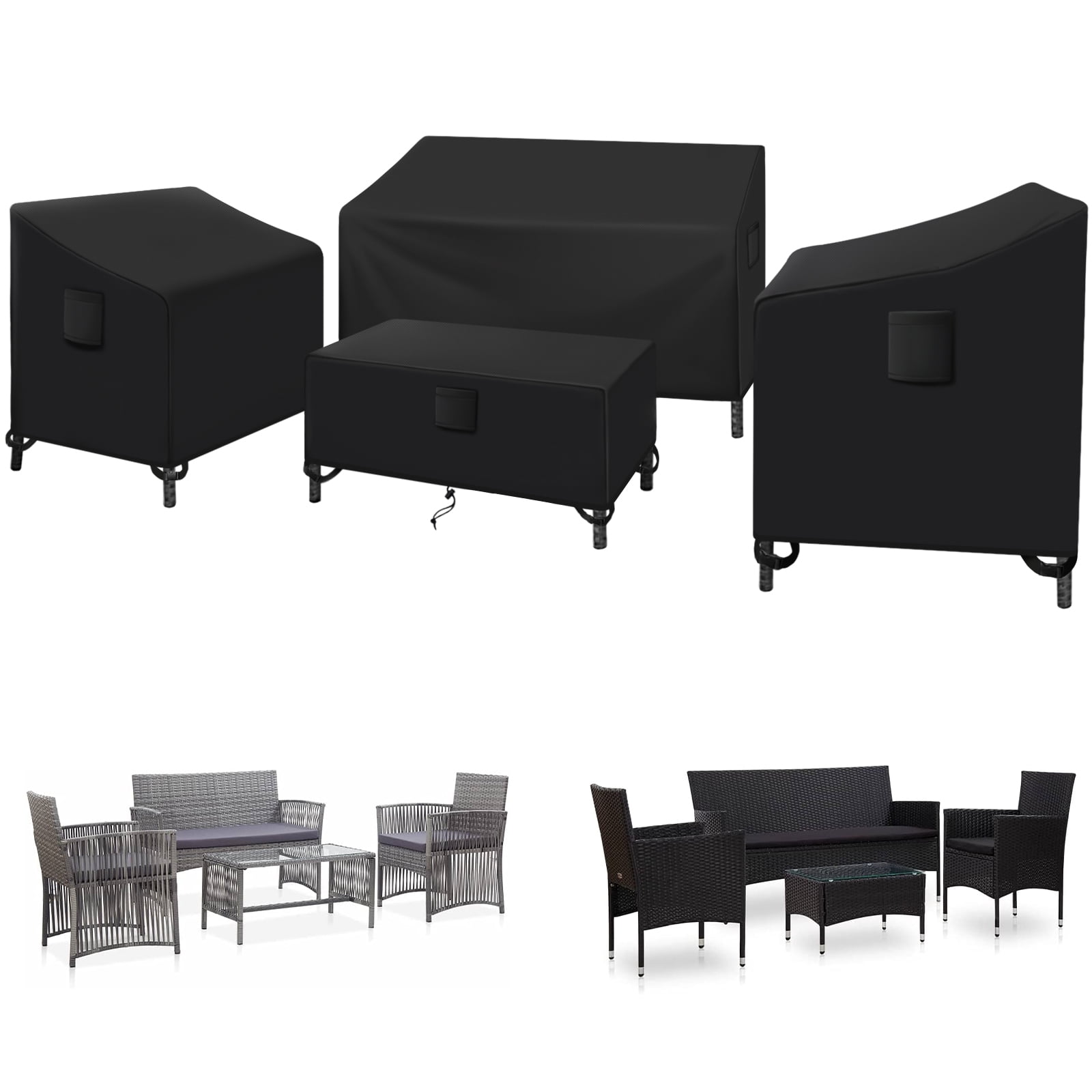 SIRUITON 600D Patio Furniture Cover Set ,Fit for 4 Pieces Patio Outdoor Rattan, Wicker Chair Conversation Furniture Sets,Heavy Duty Durable and Water Resistant Fabric (Black)