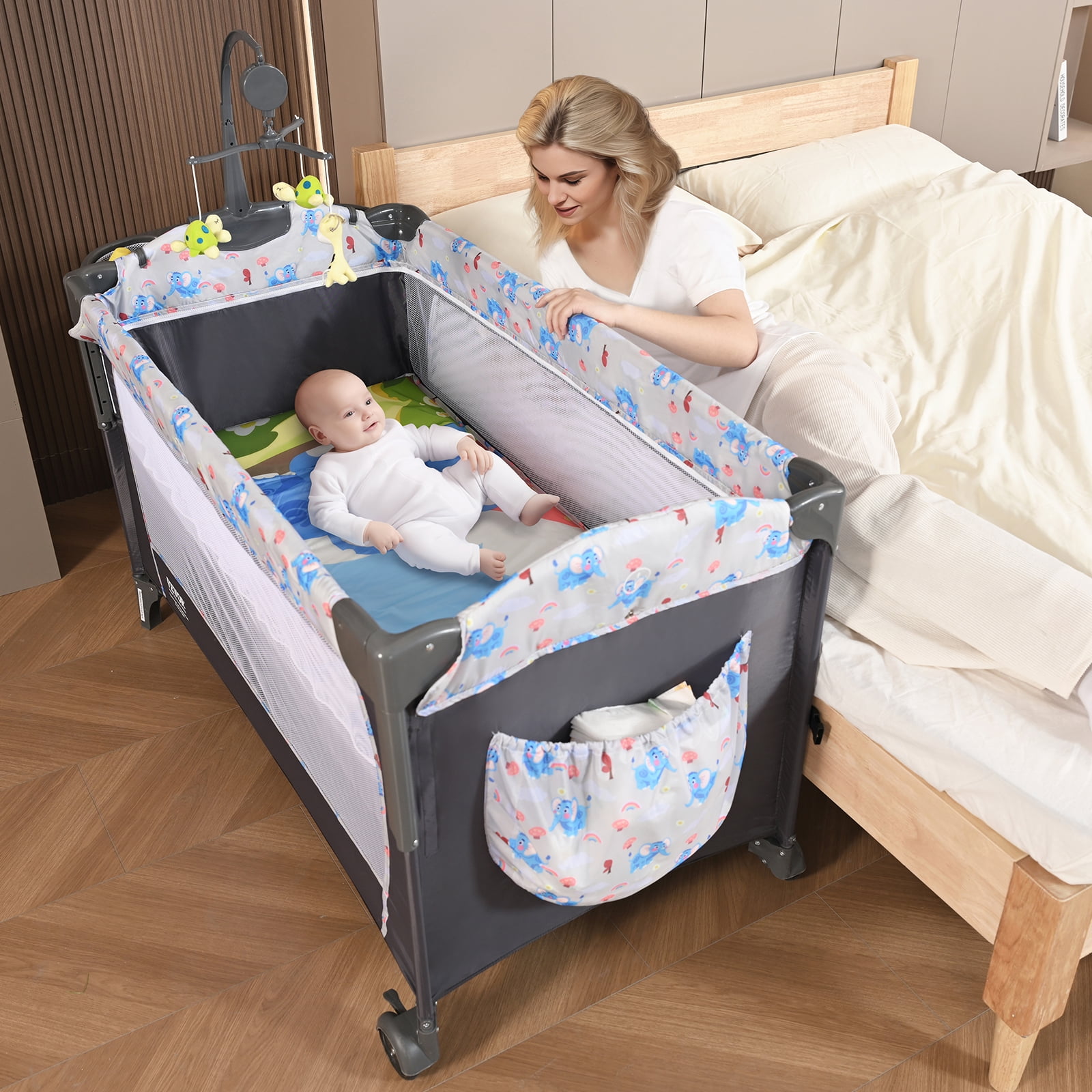 KFFKFF Baby Bassinet Bedside Crib 12-Level Height Adjustable Foldable Sleeper