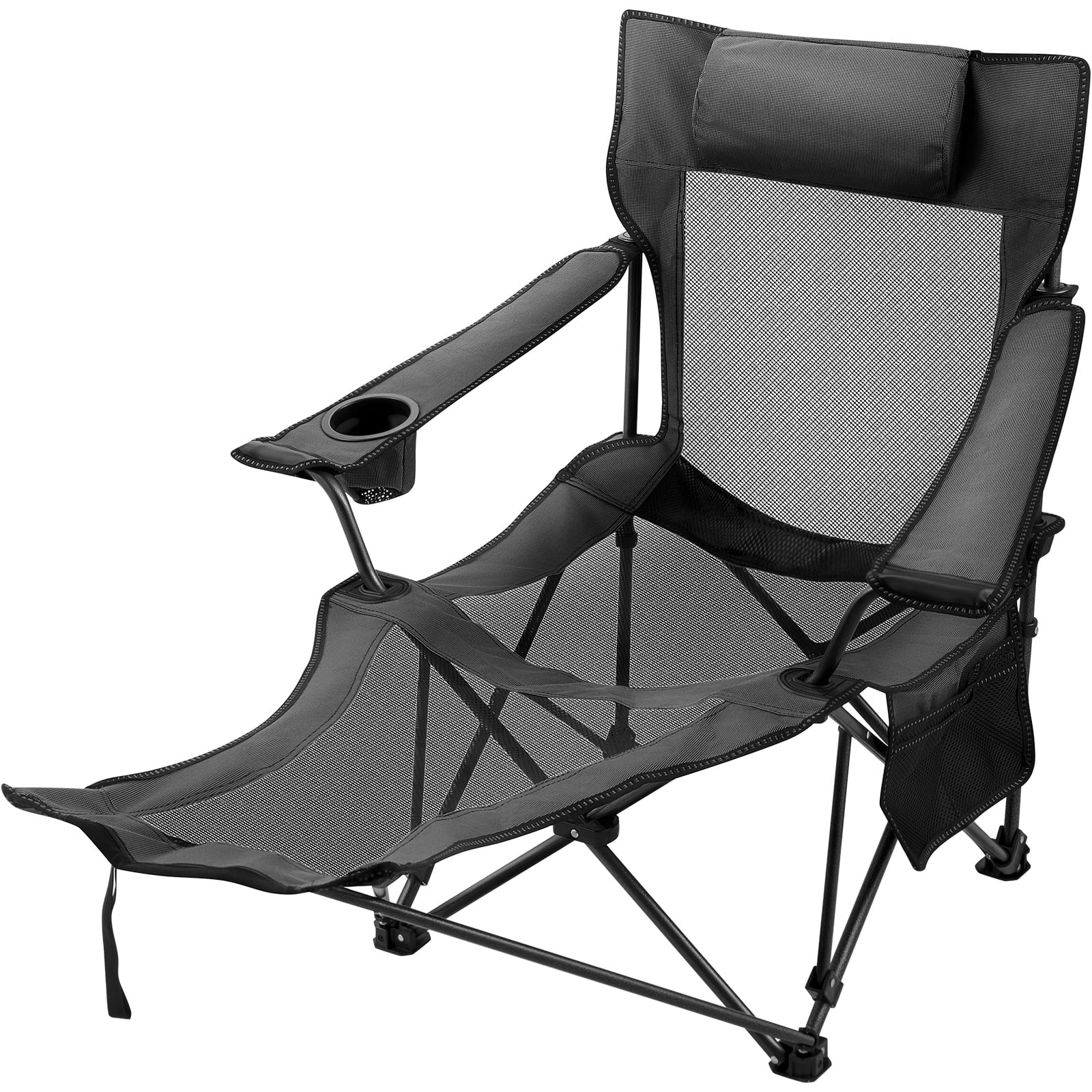SKYSHALO Gray Folding Camp Chair with Footrest Mesh Lounge Chair with Cup Holder and Storage Bag Reclining Folding Camp Chair for Camping Fishing and Other Outdoor Activities (Gray)