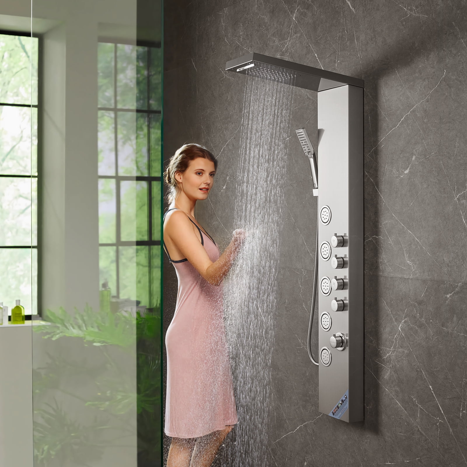 SKYSHALO Shower Panel Tower System Stainless Steel 4 Modes Rainfall Waterfall Jets
