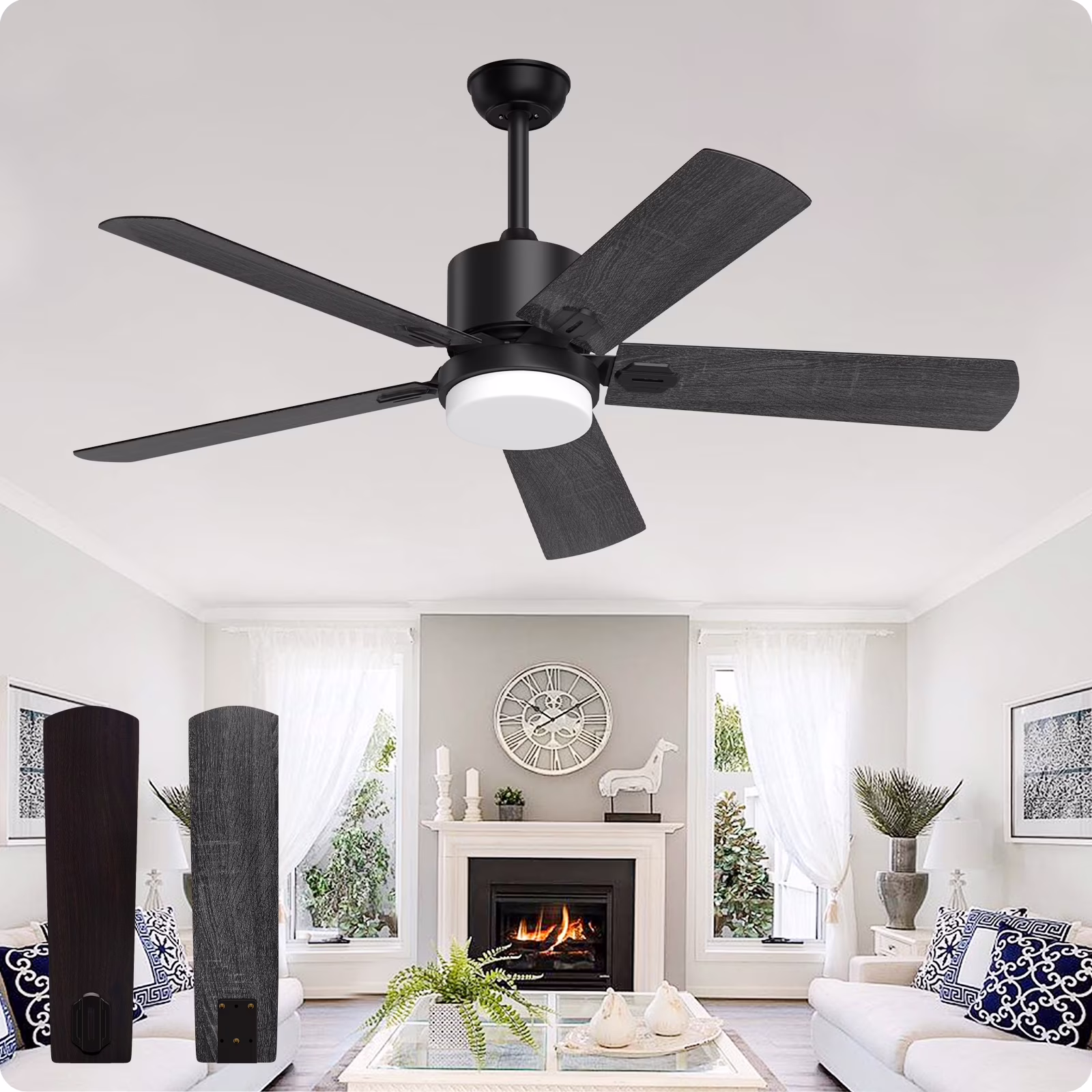 SKEVEN 52'' Ceiling Fan with Light and Remote Control, 6-Speed Reversible DC Motor, 5 Wood Fan Blades,Black