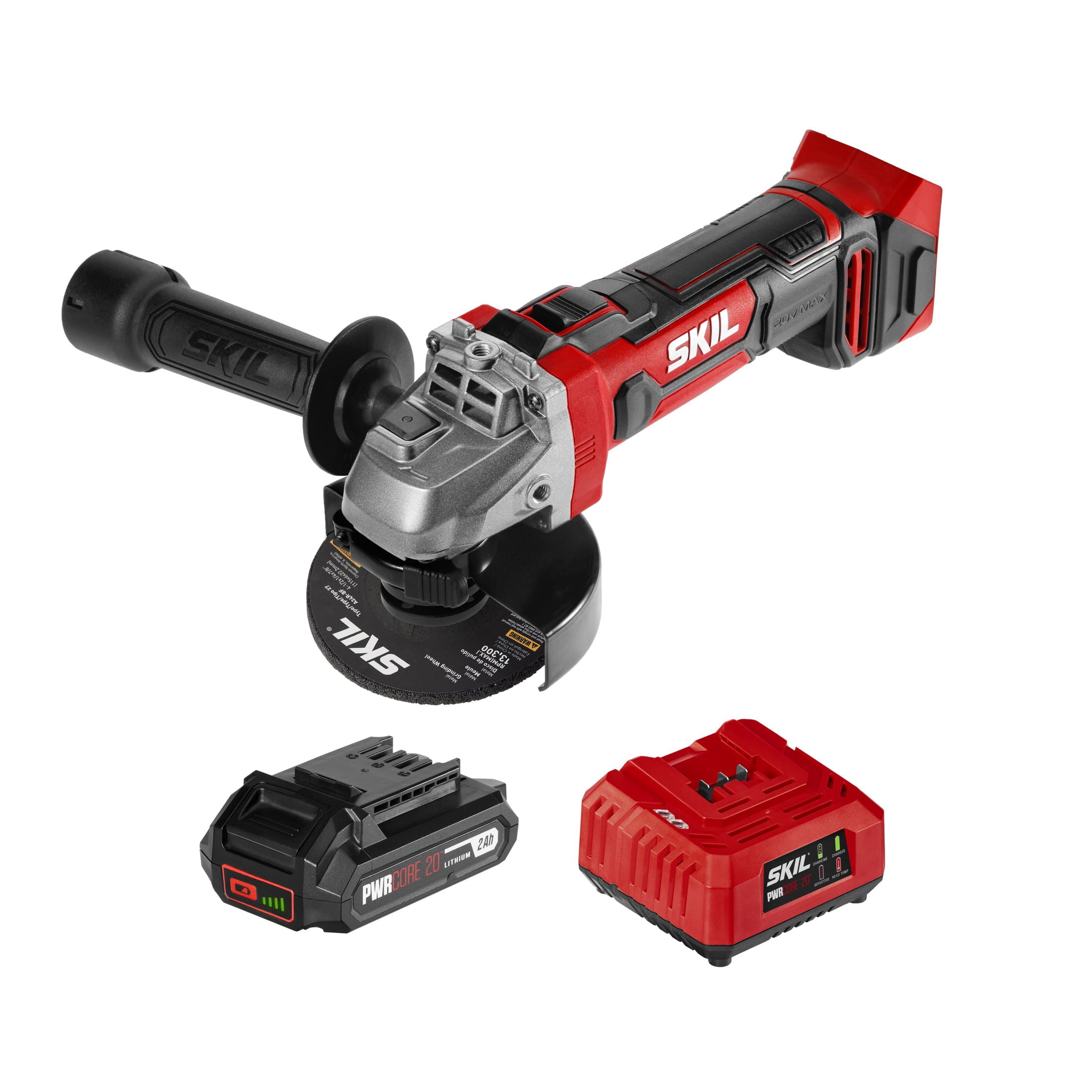 SKIL AG290202 PWR CORE 20V 4 1/2 Inch Angle Grinder Kit, 3 Position Side Handle, 2.0Ah Battery and Charger