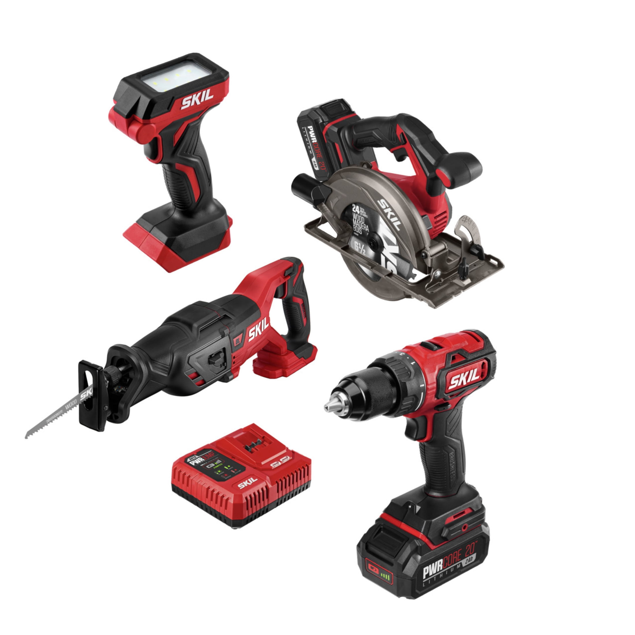 SKIL 20V PWR Core Cordless Drill Combo Kit, Drill Driver, Circular Saw, Reciprocating Saw, LED light