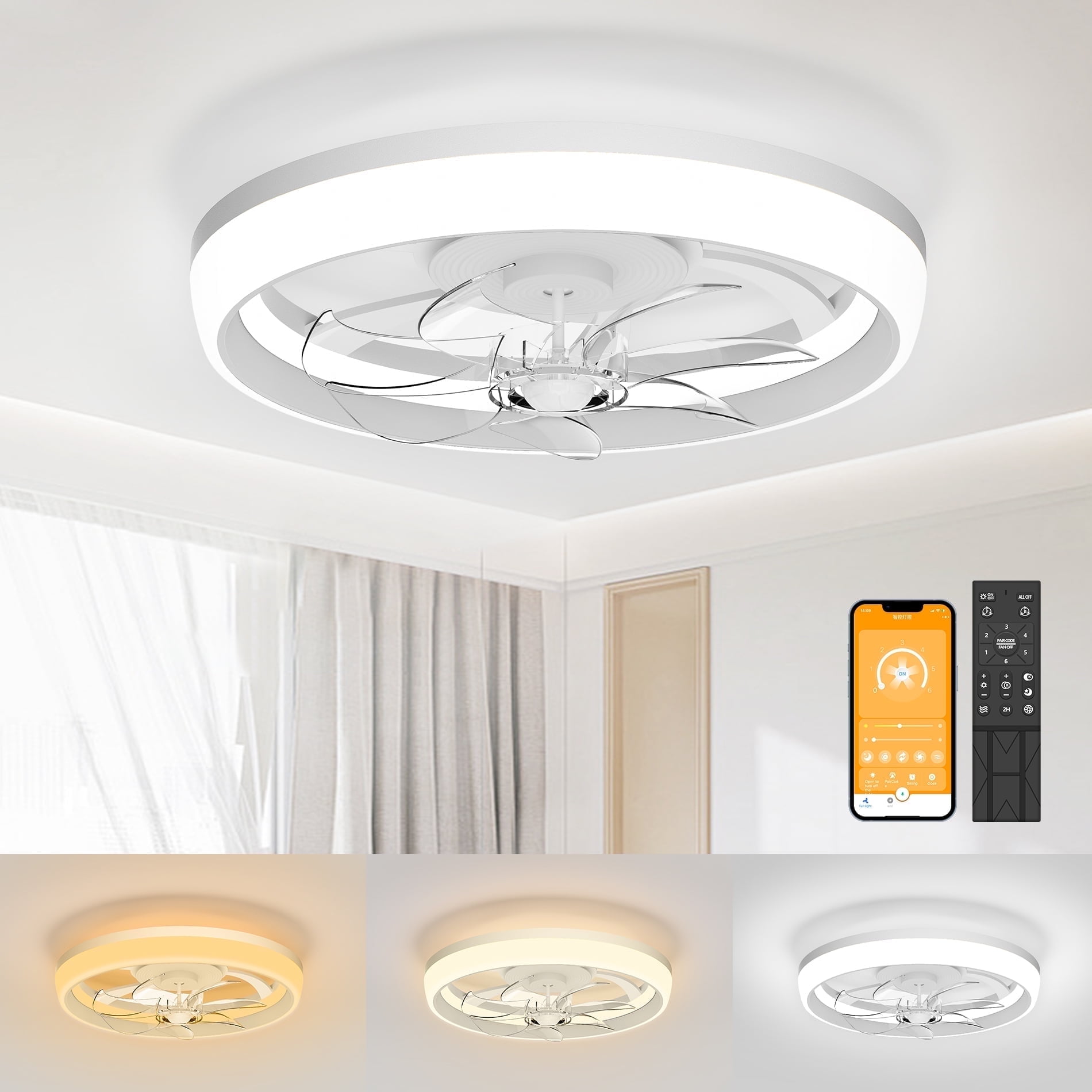 SKVEVN 19" Ceiling Fan with Light - 3 Colors Lighting, 6 Wind Speeds, Remote Control&APP, Modern Dimmable LED, Smart Ceiling Fan for Bedroom(White)