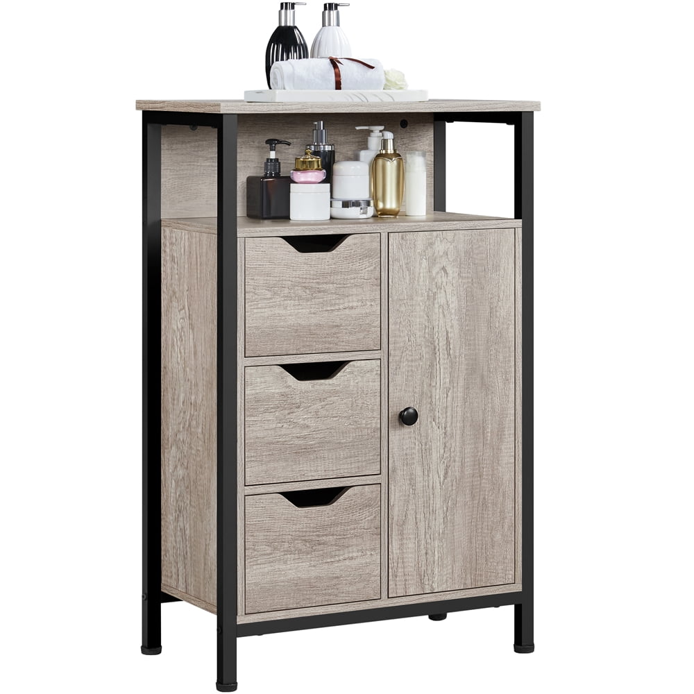 Alden Design Wooden Floor Storage Cabinet with Shelves 3 Drawers for Living Room Entryway Kitchen, Gray