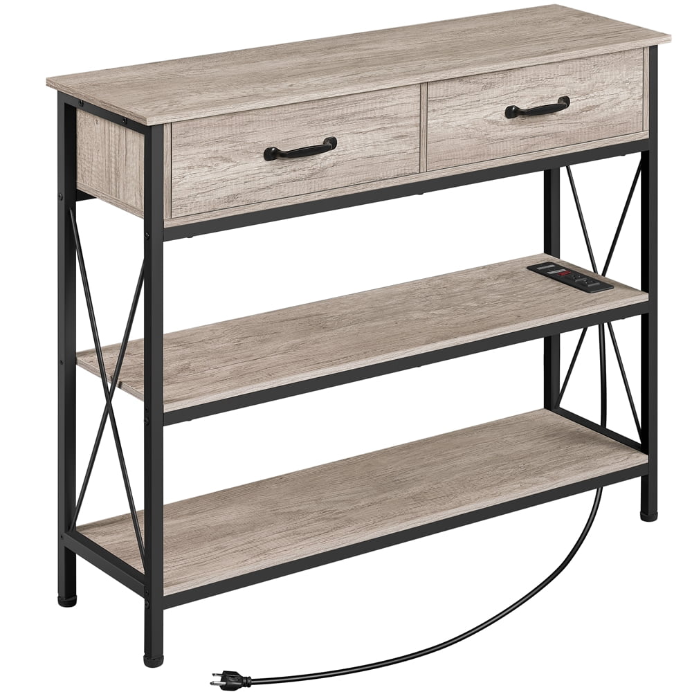 Alden Design 3 Tier Console Table with Power Outlet 2-Drawers & 2-Shelves for Entryway, Gray