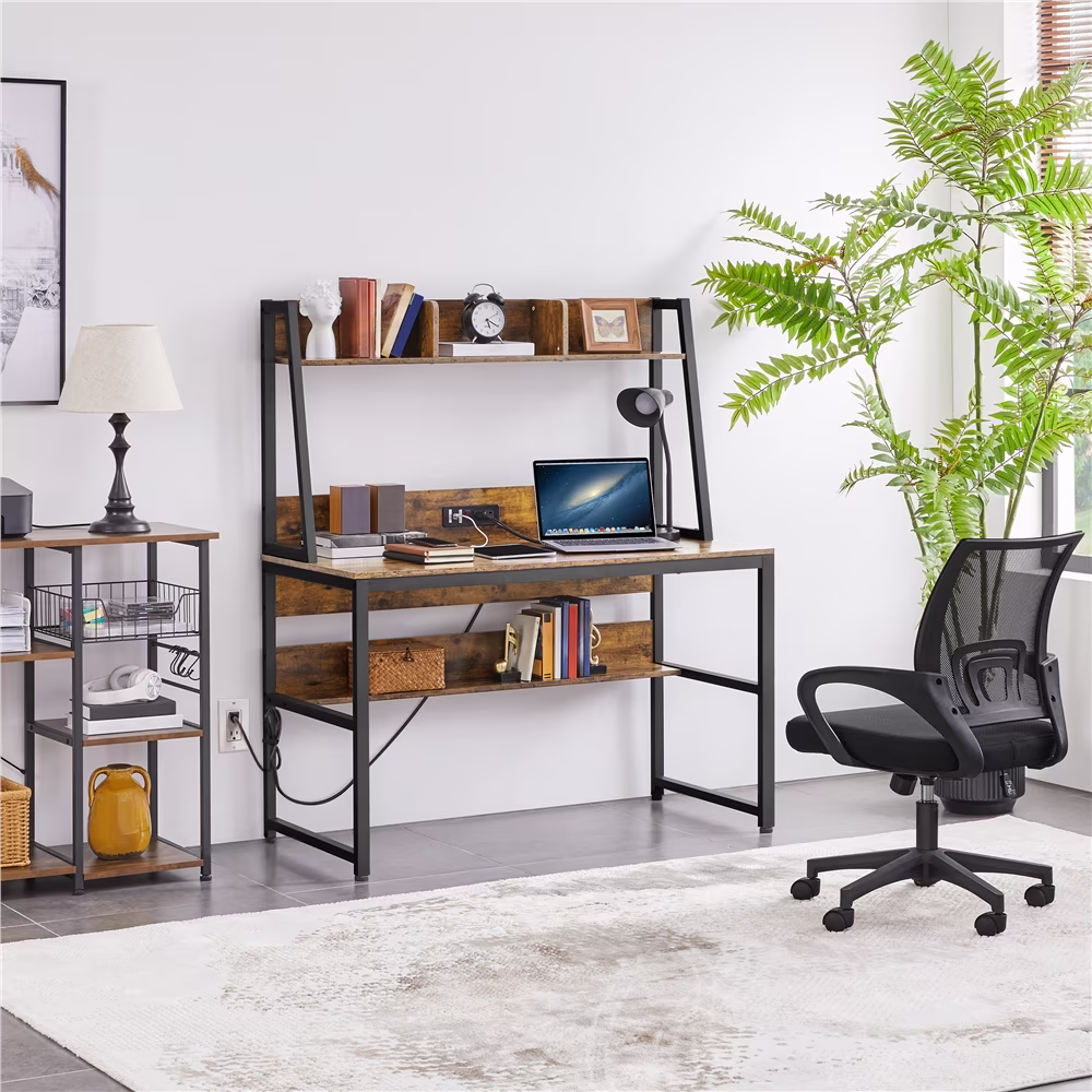 Alden Design 47.5in Computer Desk with Bookshelf and Power Outlet for Home Office, Rustic Brown