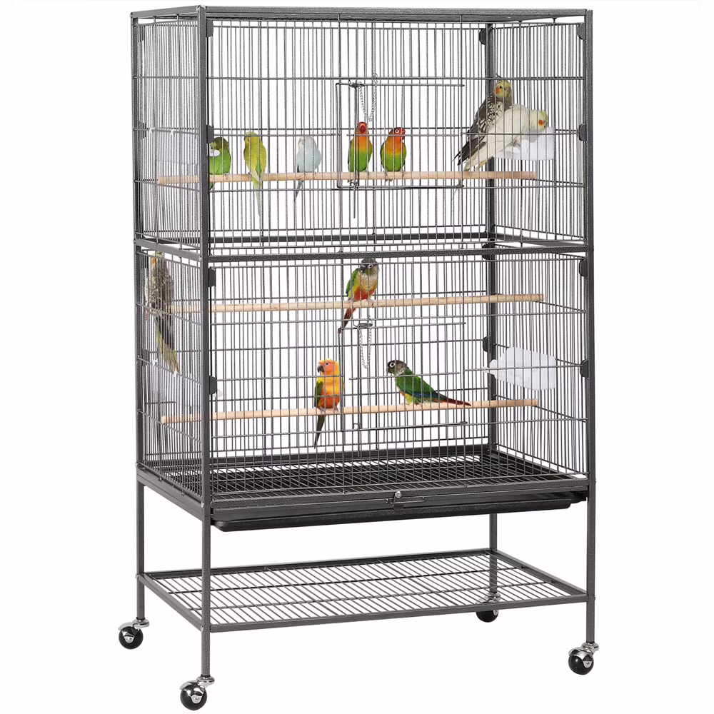 Alden Design 52" Large Metal Rolling Bird Cage Parrot with Perches Feeders Storage Shelf for Lovebird Cockatoo Conure, Black