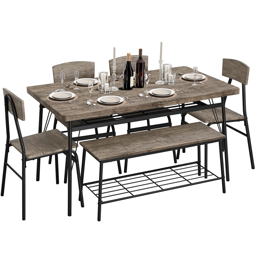 Alden Design 6 Pieces Wooden Dining Set with 2 Storage Racks 4 Chairs Dining Table Set for Kitchen, Drift Brown