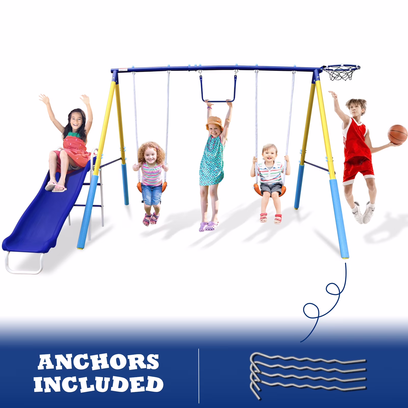 SMkidsport 5 in 1 Swing Sets for Outside for Kids, Swing Set for Backyard with Slide, Basketball Hoop, Two Swing Seats and Trapeze