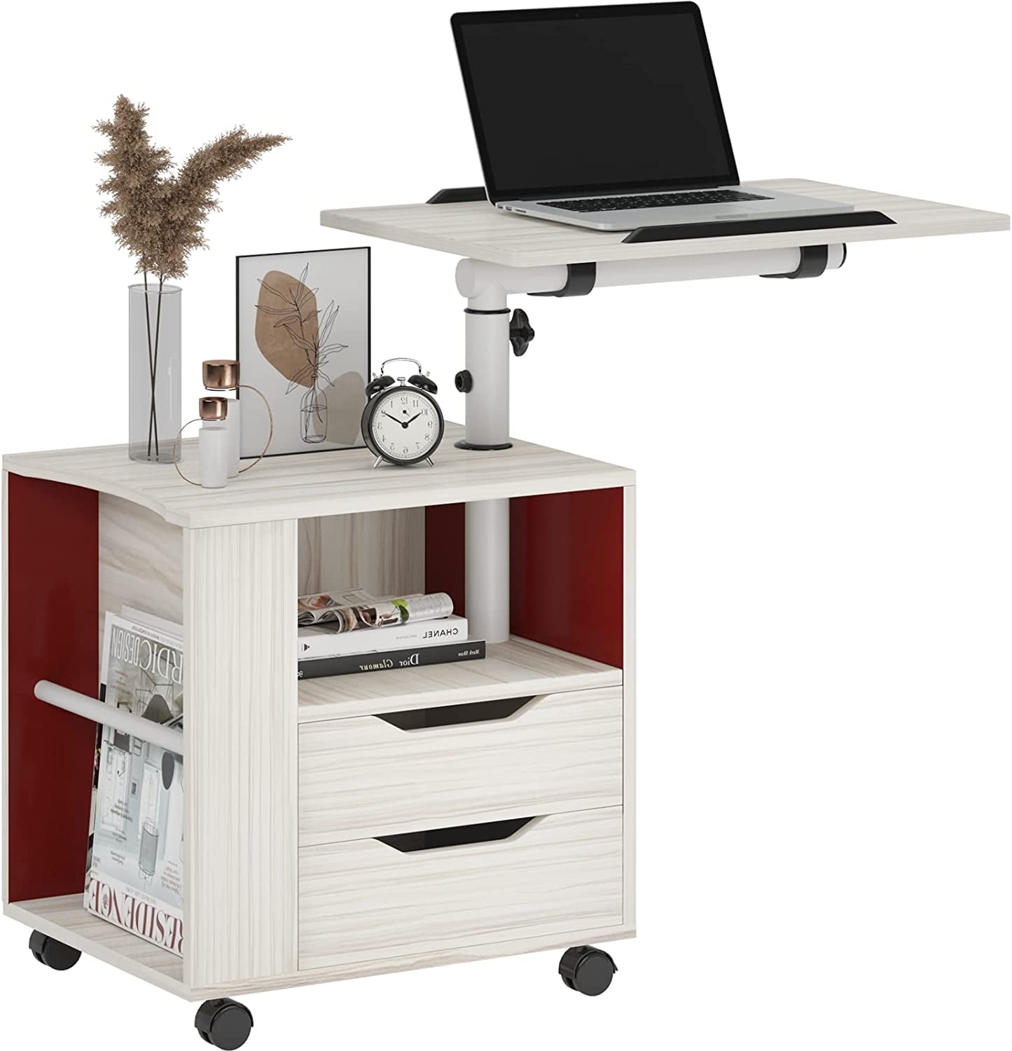 SOGES Height Adjustable Nightstand Movable Bedroom Side Table with 2 Drawers, Maple