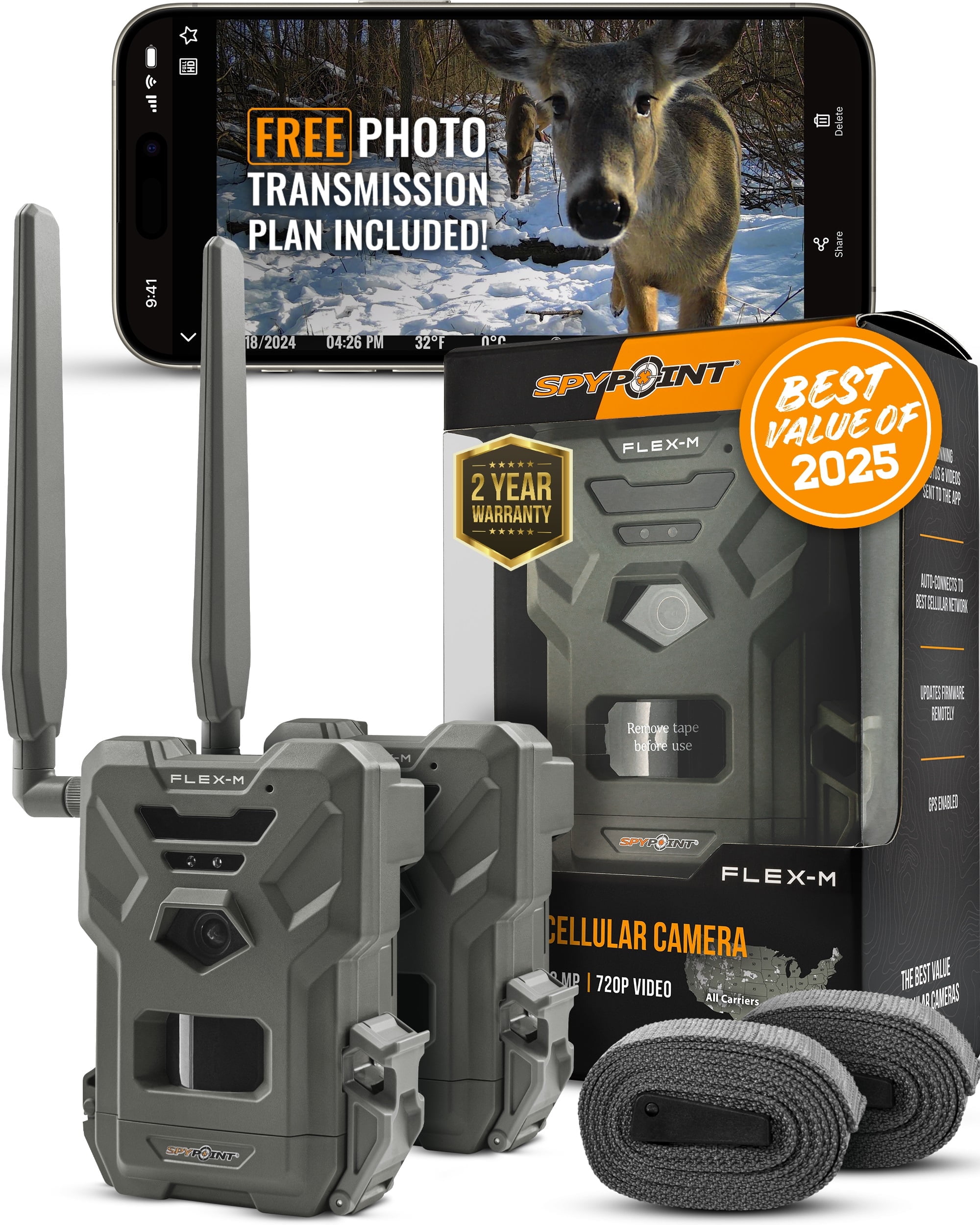 SPYPOINT Flex-M Twin Pack Cellular Trail Cameras - Best Hunting Accessories, No WiFi Needed, GPS, Night Vision, Dual-Sim LTE, IP65 Water-Resistant Game Camera, 28MP Photos, 720p Videos + Sound