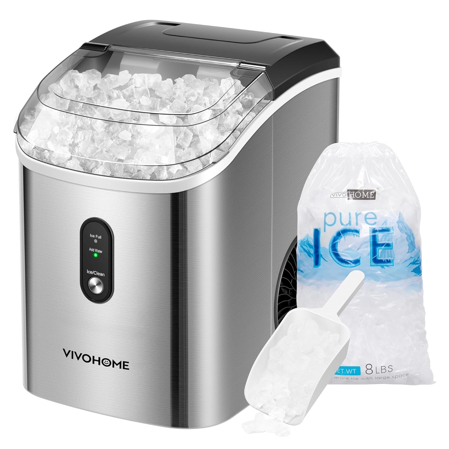 SPECSTAR Nugget Ice Maker Machine 33lbs/24H, Countertop Ice Maker with Hand Scoop 10 Ice Bags and Self Cleaning Function, Silver