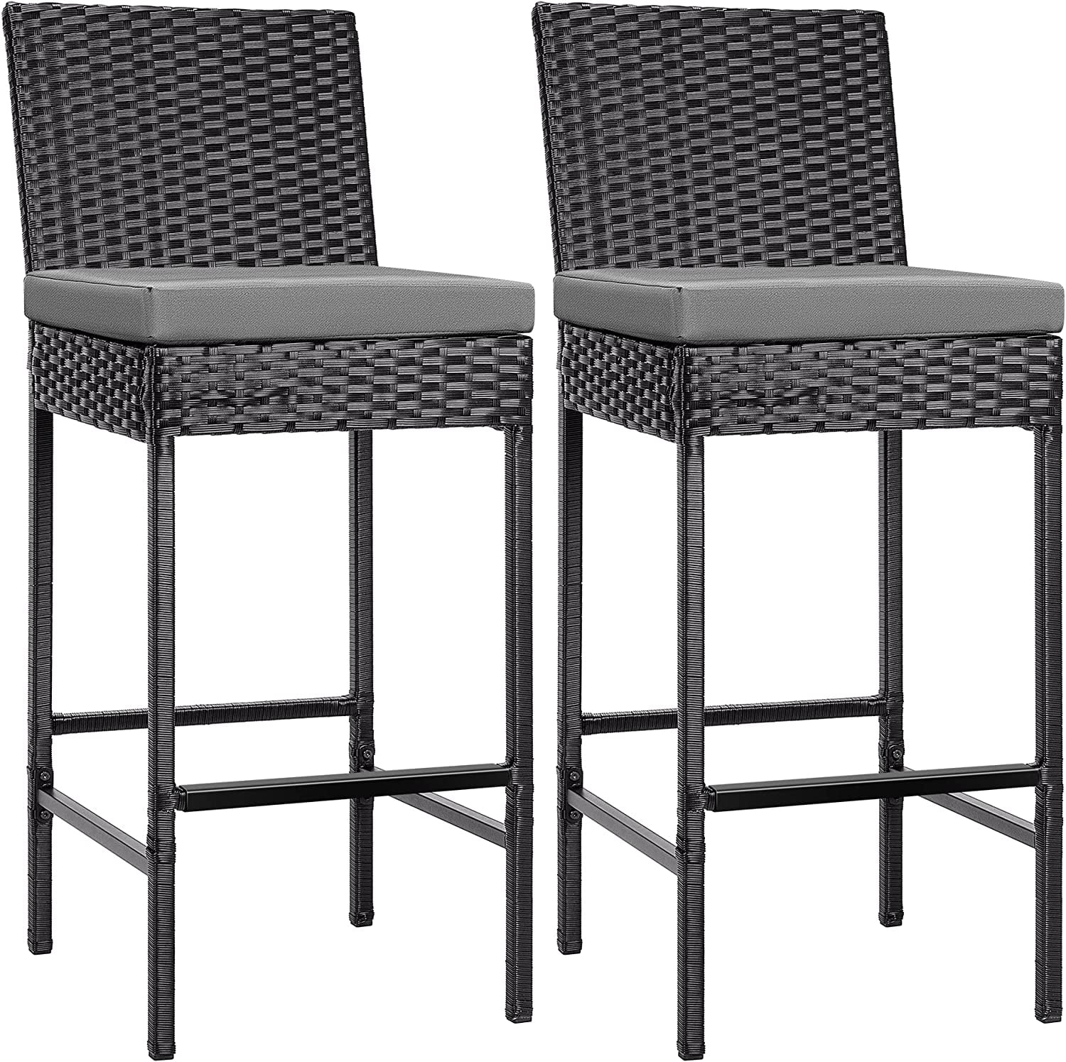 SPECSTAR Outdoor Wicker Bar Stools Set of 2, Patio Rattan Furniture with Cushions, Black