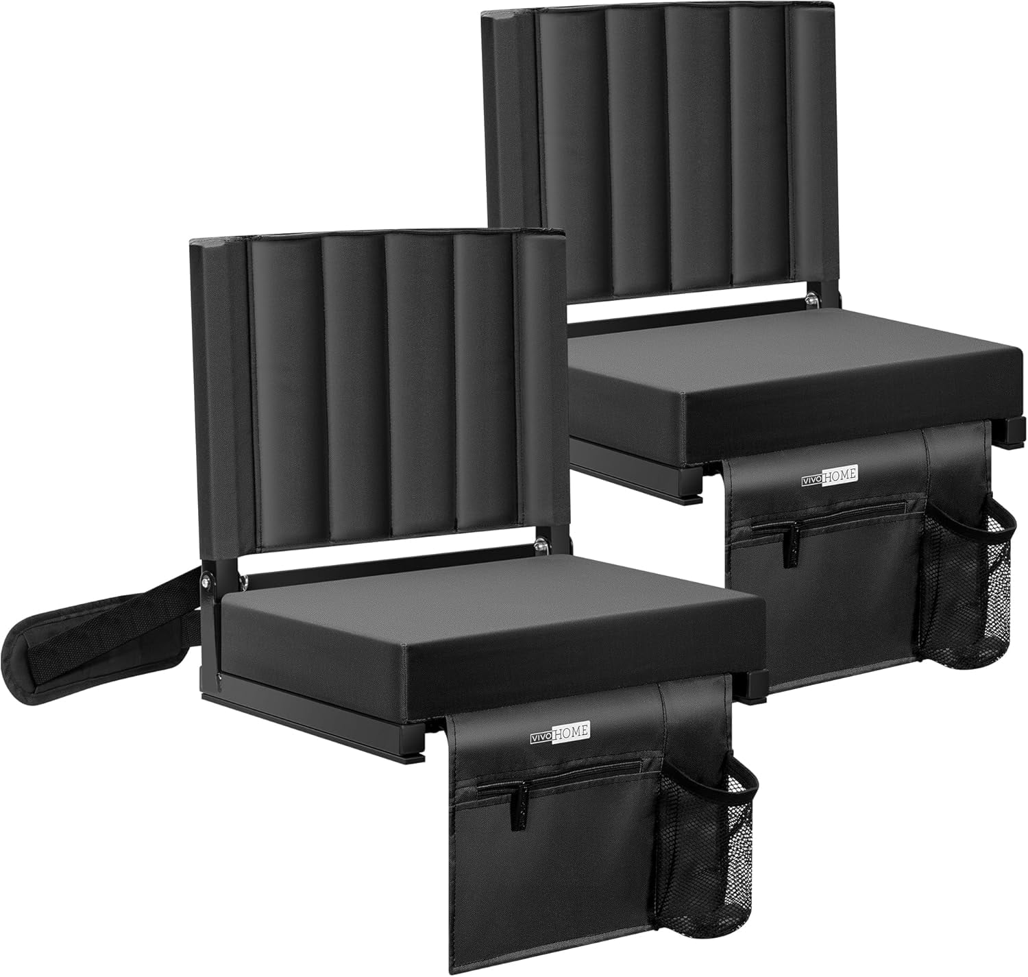SPECSTAR 2-Pack Portable Stadium Seat for Bleachers with Back Support, Folding Bleacher Chair with Cup Holder and Shoulder Strap Black