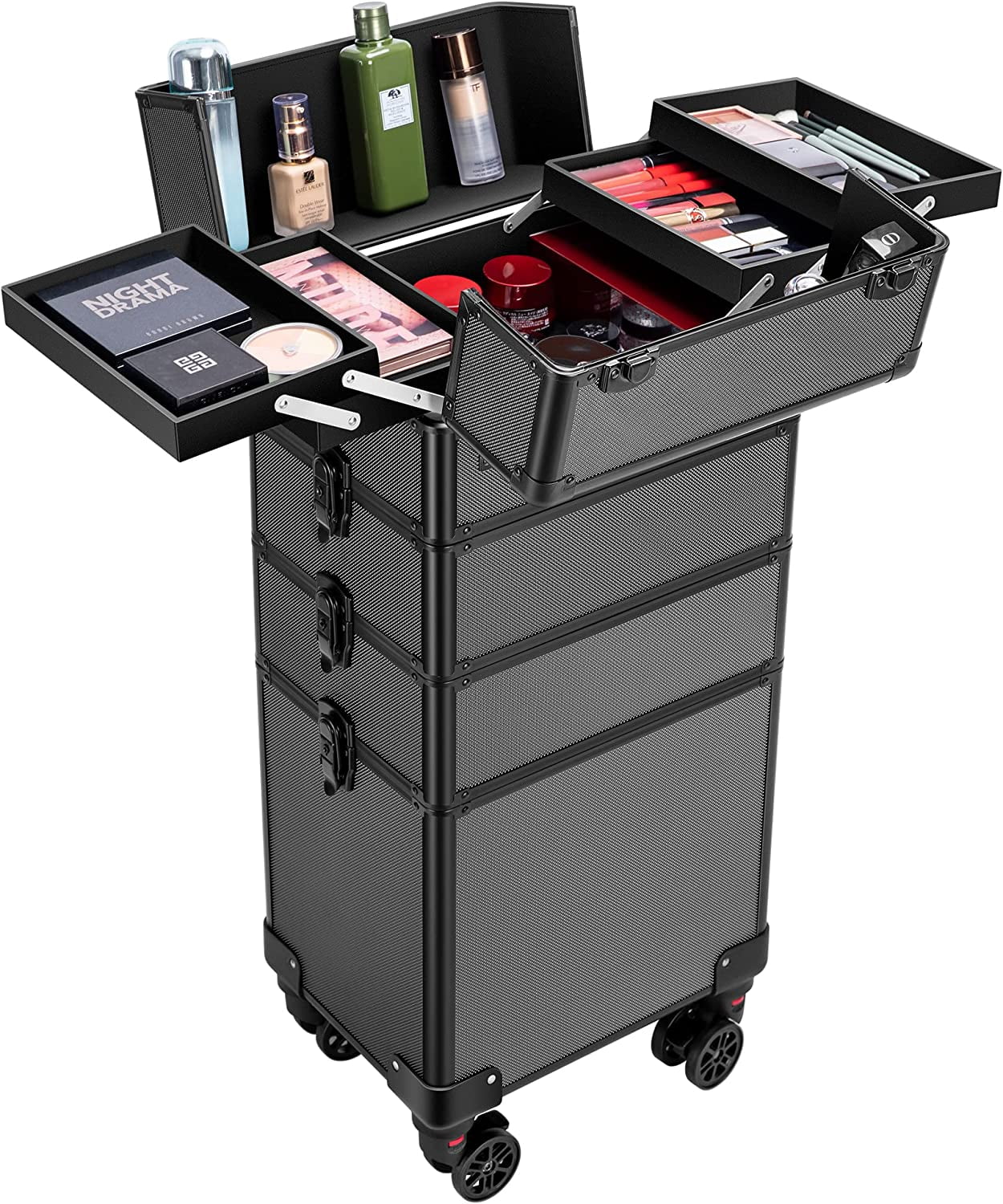 SPECSTAR 4 in 1 Makeup Rolling Train Case Aluminum Trolley Professional Cosmetic Organizer Box with Shoulder Straps 2 Keys Black(Cosmetic are not included)
