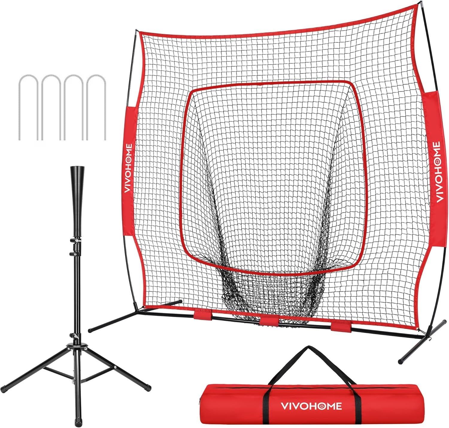 SPECSTAR 7x7Ft Baseball Softball Practice Net with Strike Zone Target Tee and Carry Bag, Red