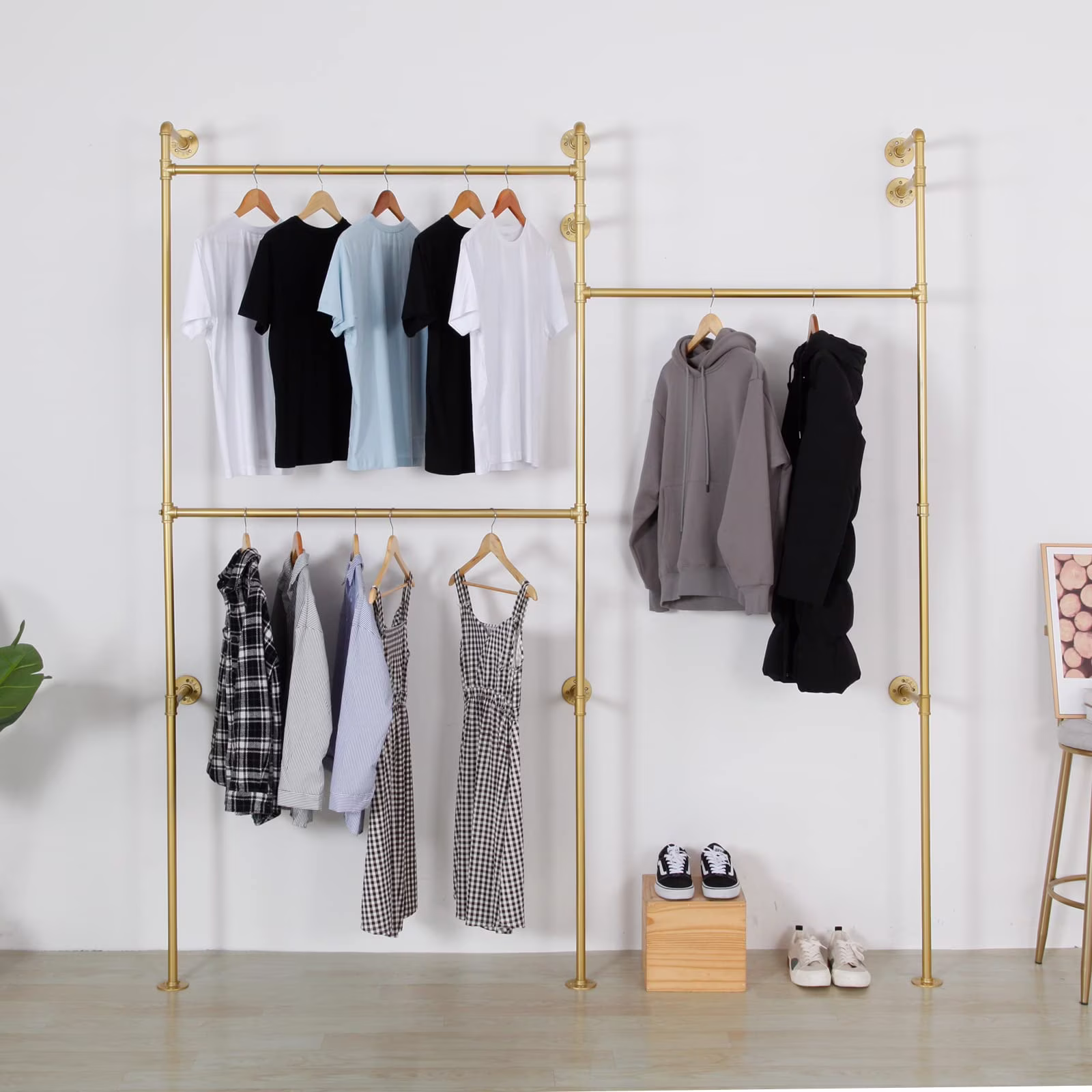 SSS Furniture Modern Simple Industrial Pipe Double Hanging Rods Clothing Rack, Clothes Rack Wall Mounted Heavy Duty Hanging Clothes Rack, Detachable Garment Bar 93.3X82.7inch (Gold)