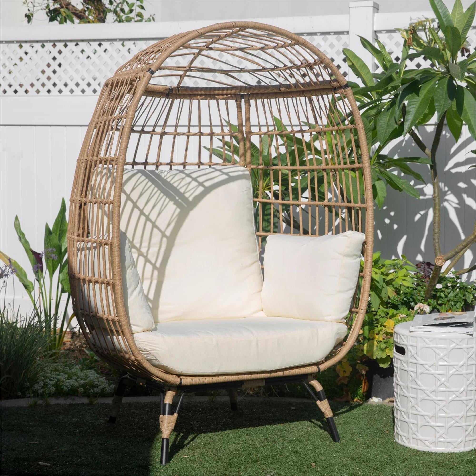 SUGIFT Wicker Egg Chair Oversized Indoor Outdoor Patio Lounger with Steel Frame, 440lb Capacity, Beige