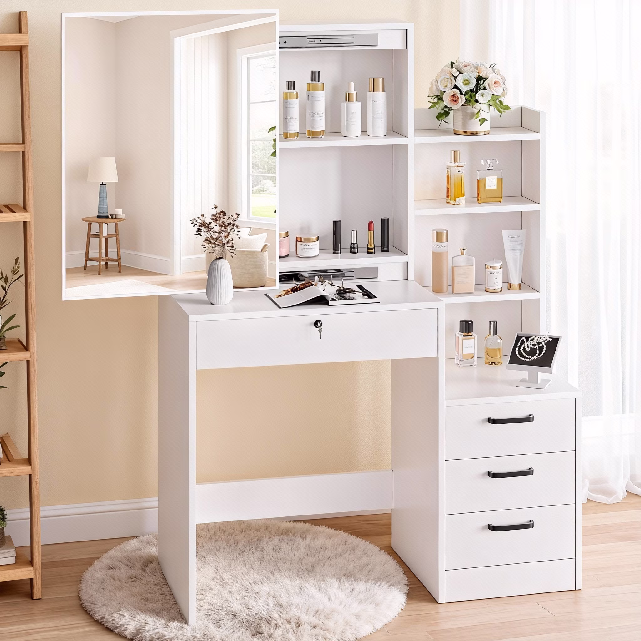 SUGIFT White Lighted Makeup Vanity Table with Sliding Sliding Mirror, Modern Dressing Table Desk with Storage for Bedroom