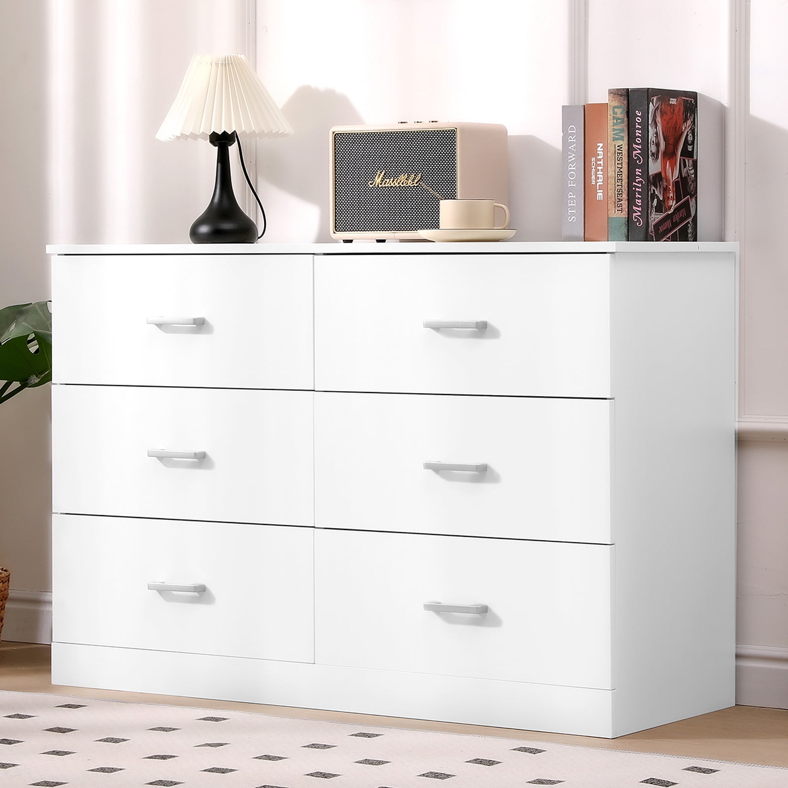 SUGIFT Modern 6 Drawer Wood Dresser Wood Lateral Chest of Drawers Storage Organizer with Wide Drawers & Metal Handles for Bedroom/Living Room/Hallway