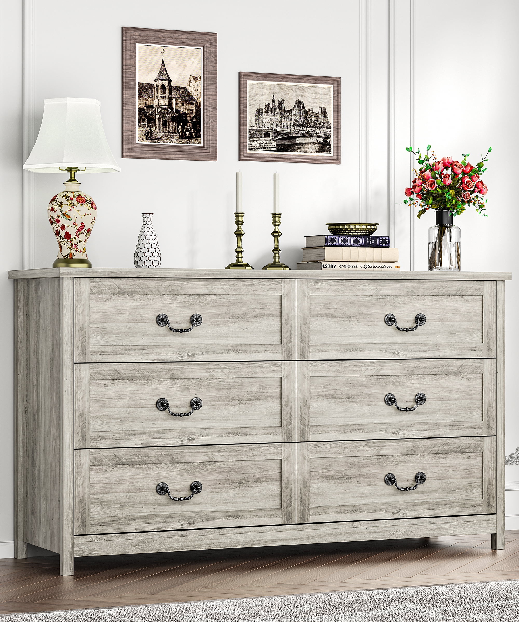 SUGIFT Modern 6-Drawer Dresser for Bedroom, Rustic Gray Finish