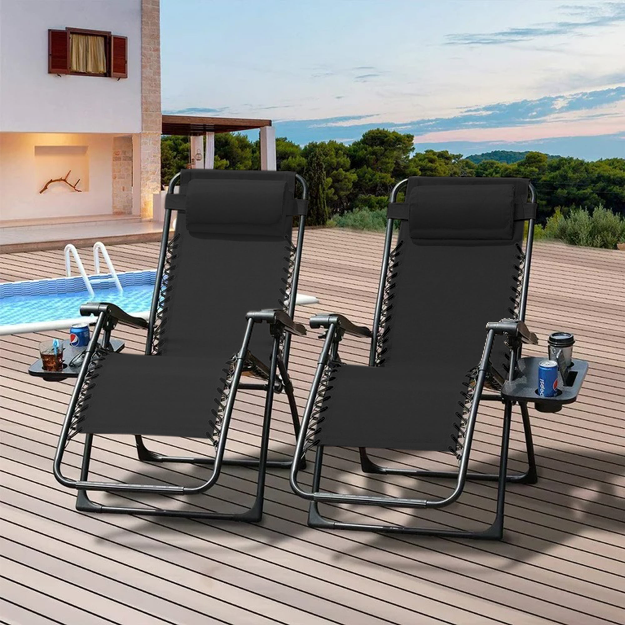 SUGIFT Set of 2 Adjustable Steel Mesh Zero Gravity Lounge Chair Recliners w/Pillows, Black