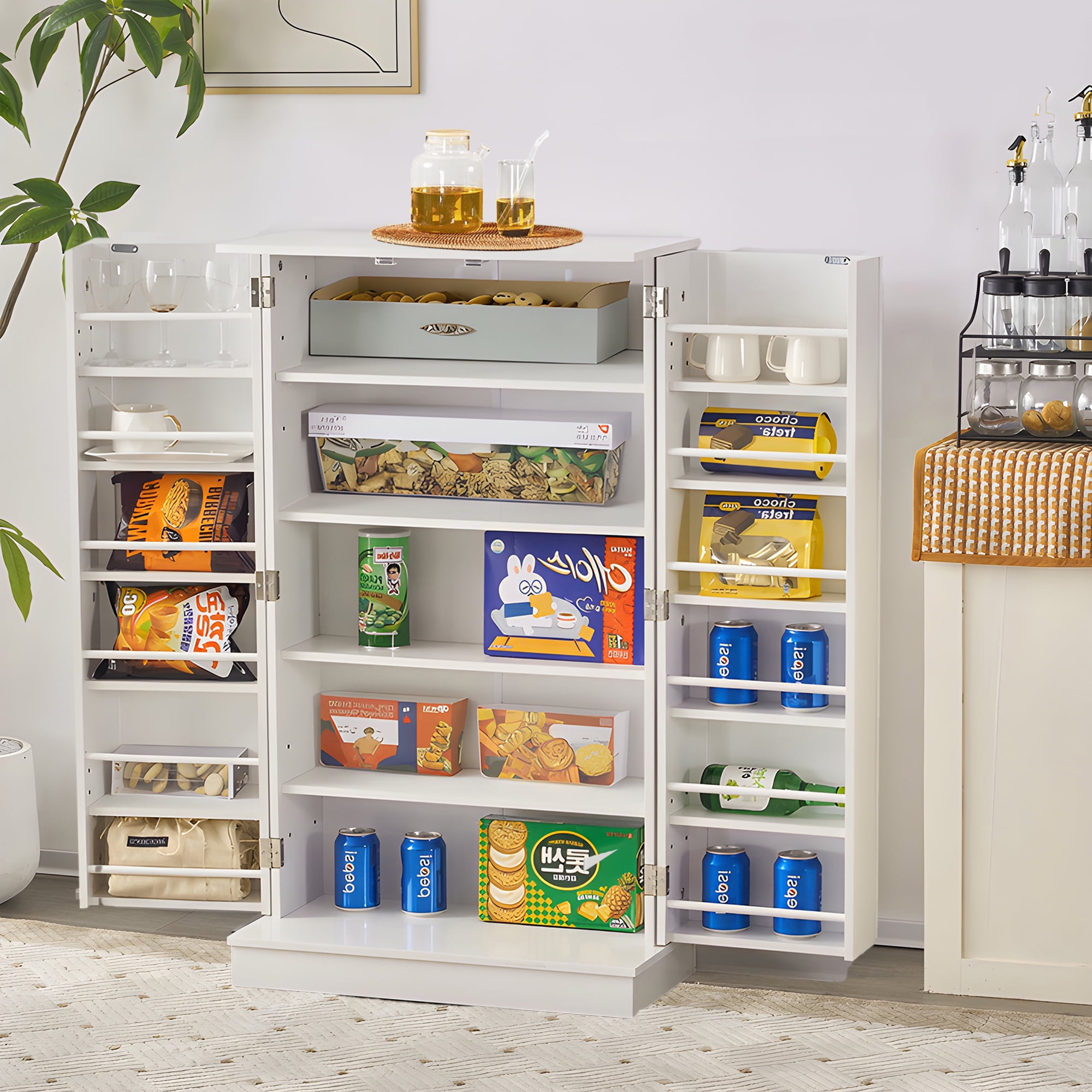 SUGIFT 41" White Kitchen Pantry Storage Freestanding Buffet Cupboards with Doors & Adjustable Shelves Pantry Organizers for Living Room and Dinning Room