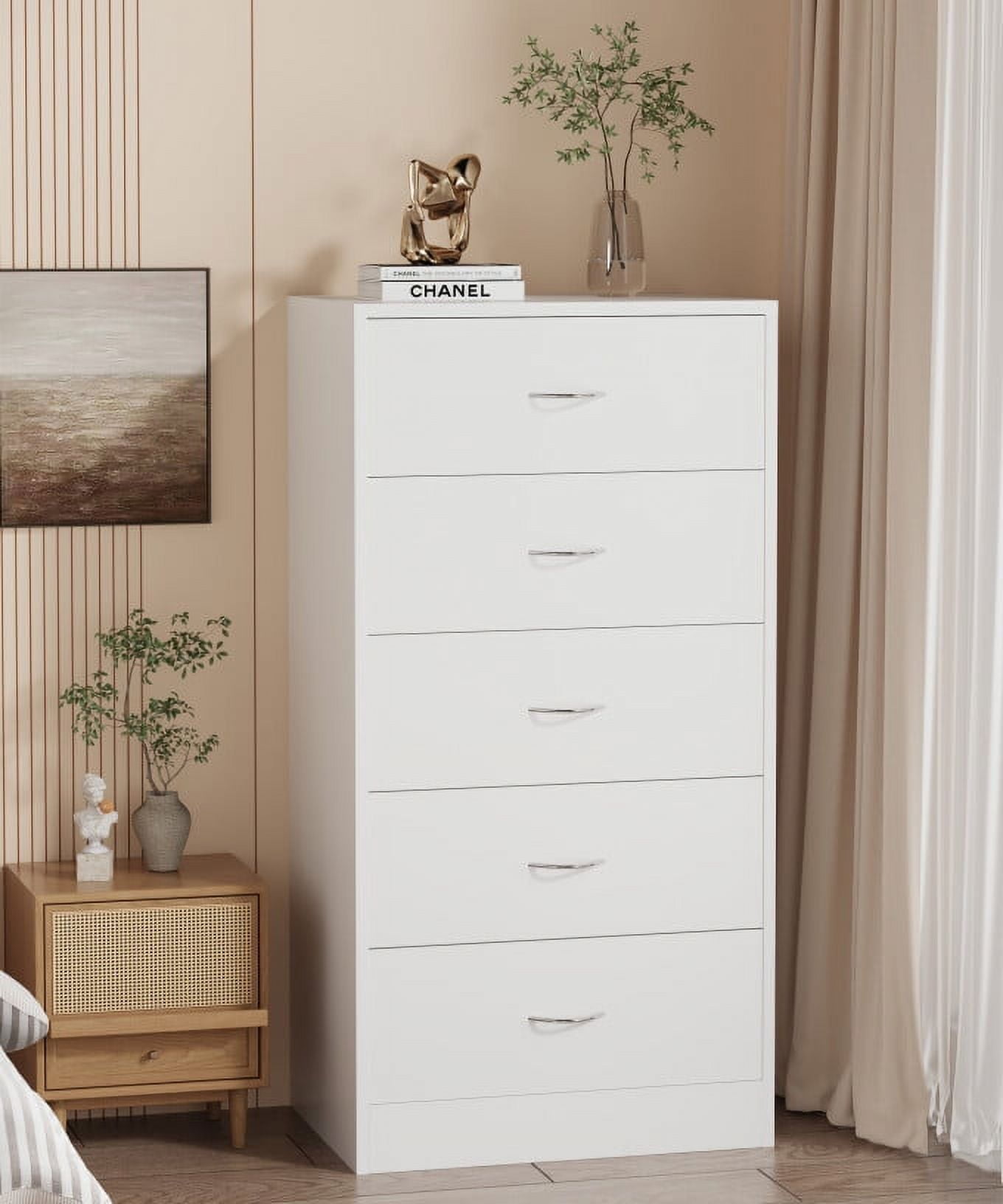 SUGIFT 5 Drawer Dresser, Modern Wood Chest of Drawers for Bedroom, White