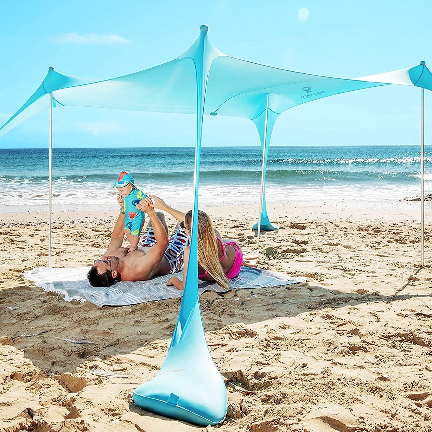SUN NINJA 7x7.5 FT Pop-Up Beach Tent with Sand Shovel, Pegs & Stability Poles – Turquoise Sun Shelter for Beach, Camping & Outdoor Use