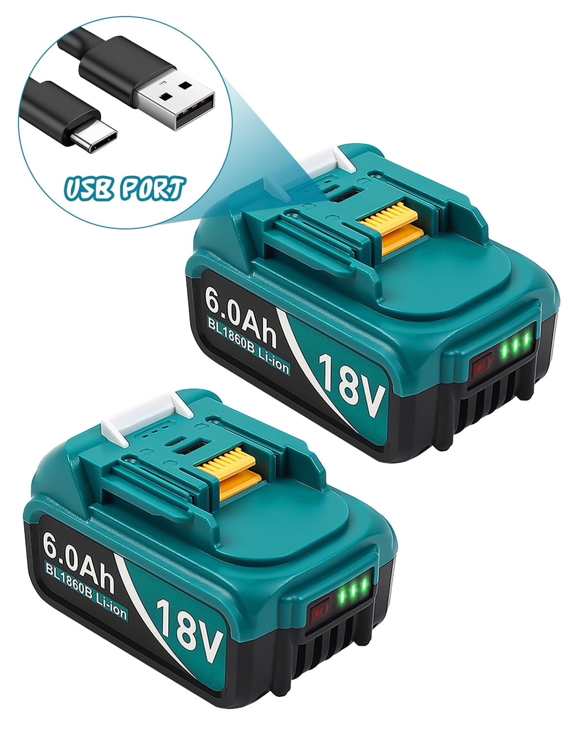 SUNBAT 2Packs Replacement for Bl1860b-2 18V 6.0 Ah LXT Lithium-Ion Battery with USB Port