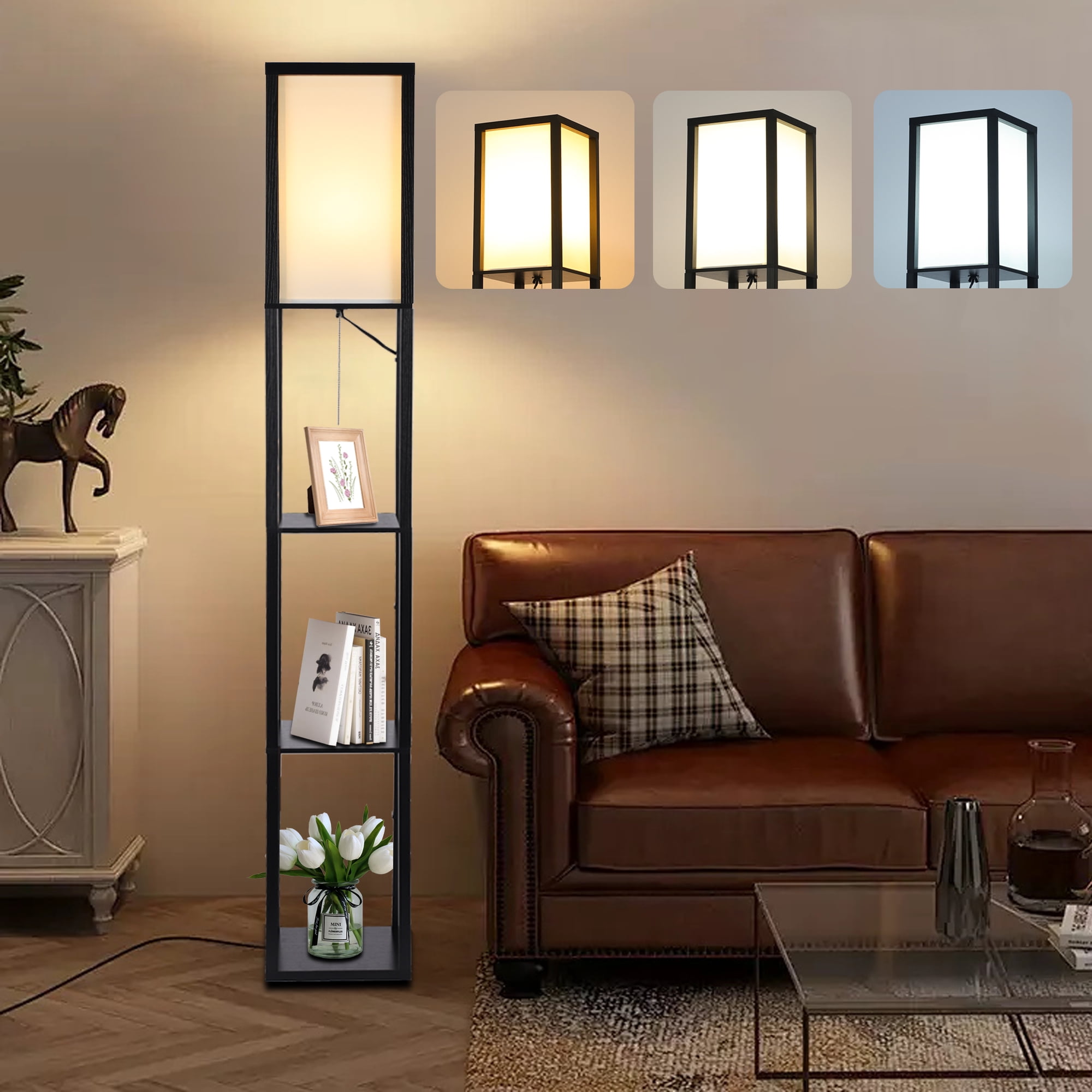 SUNBEAK Floor Lamp with Shelves,3 Colors in 1 LED Bulb,Modern Standing Lamps with Shade for Living Room,Bedroom,Office-Black