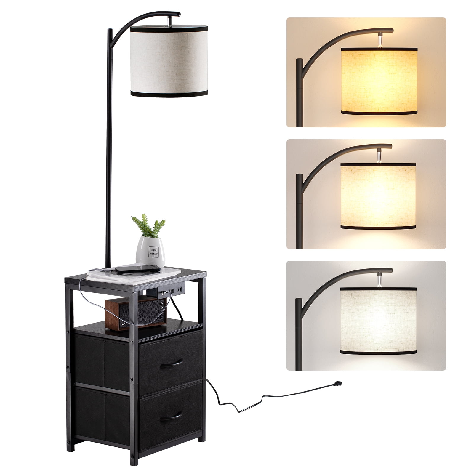 SUNMORY Floor Lamp with Table & 2 Drawers, Lamp with USB Port and Outlet, 3 Color Led Bulb Included