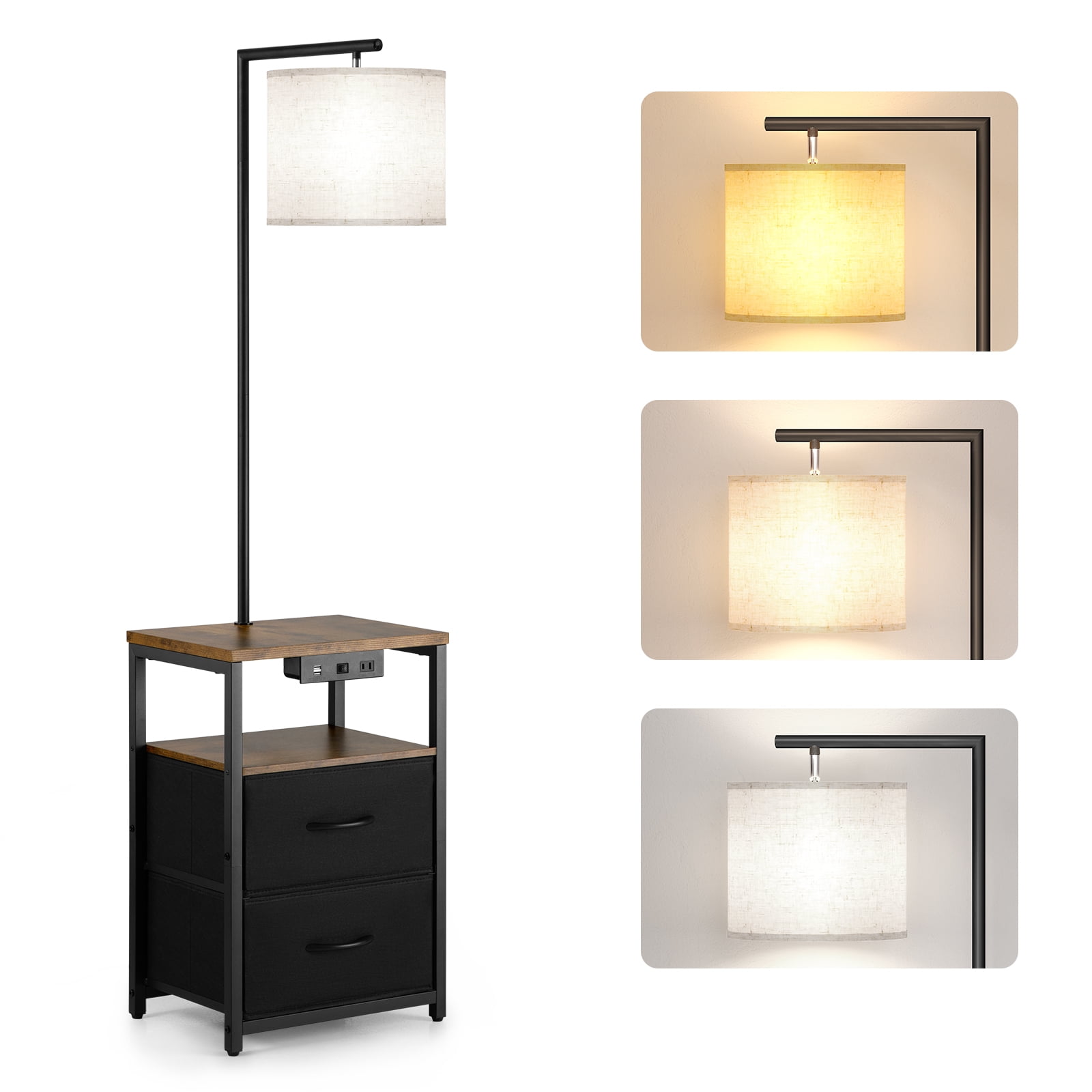 SUNMORY Floor Lamp with Table & 2 Drawers, Lamp with USB Port and Outlet, Nightstand with 3 Color Temperature Led Bulb Included, Floor Lamps for Living Room, Bedroom and Home Office, Walnut